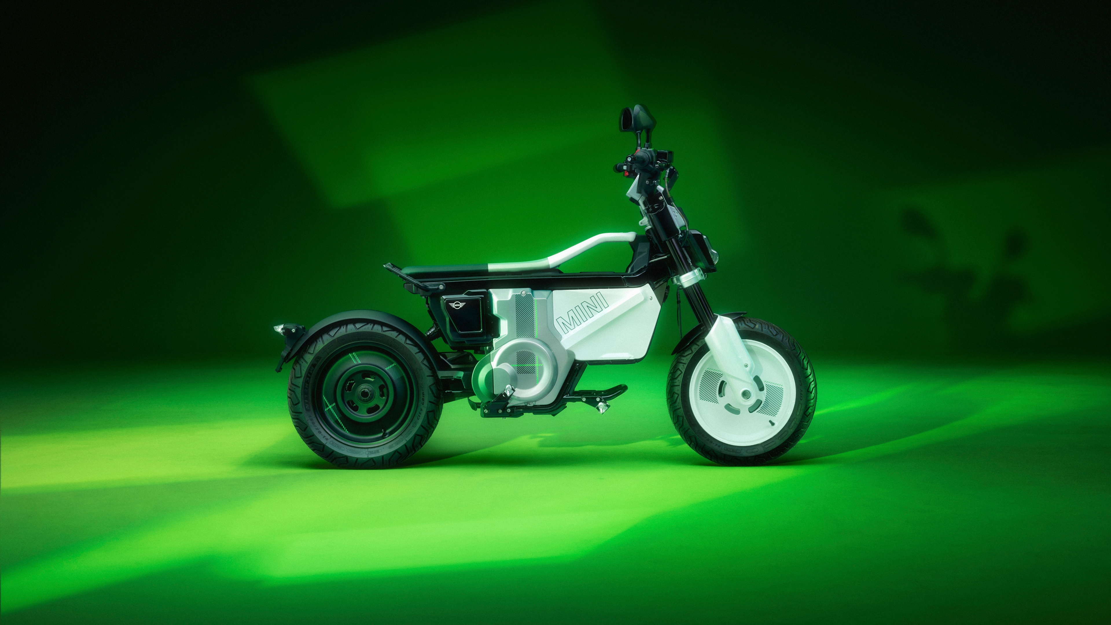 A high-resolution 5K concept of a futuristic electric bike with glowing green lights and a sleek, modern design set against a green-themed background.