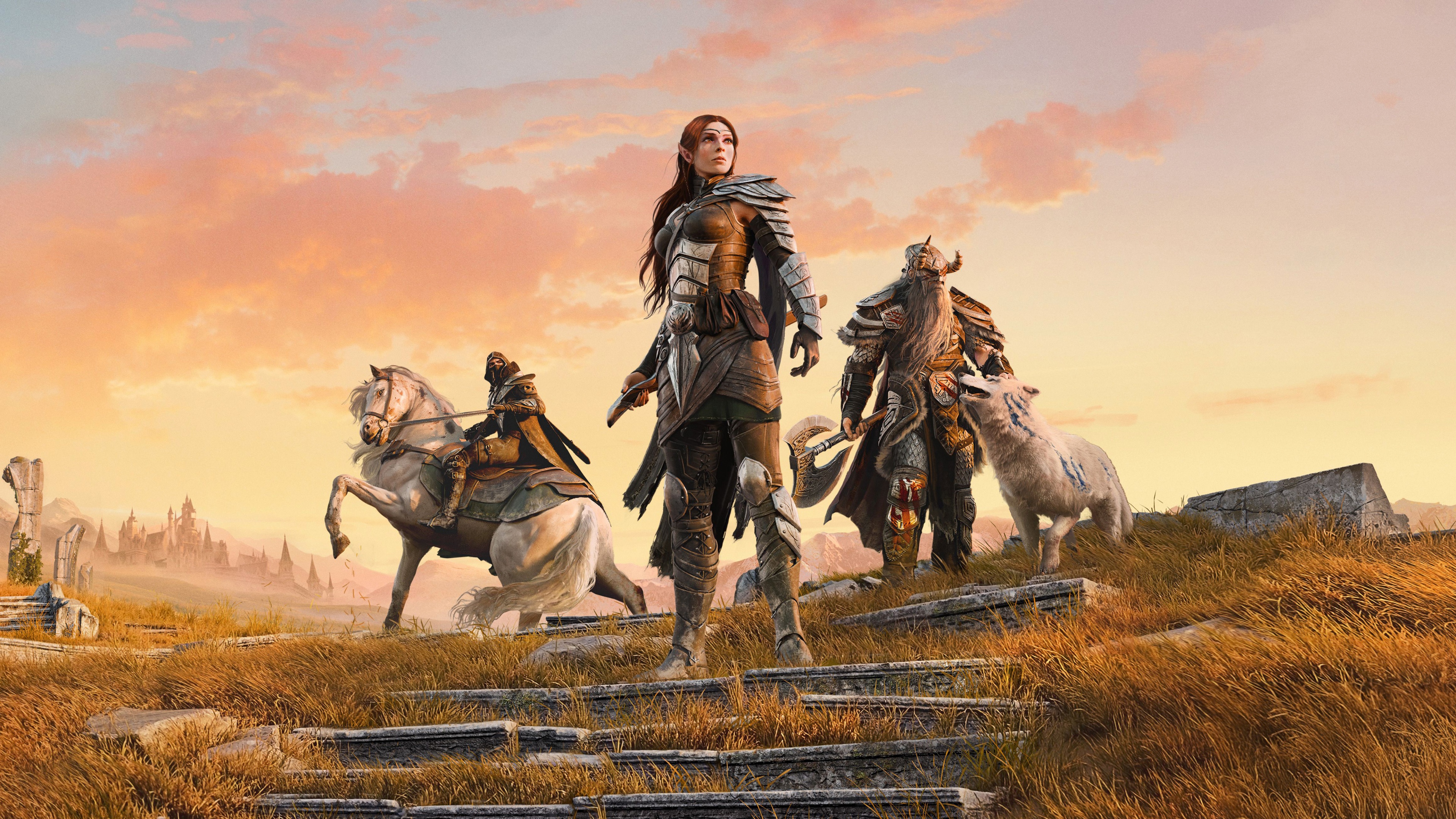 A high-definition 5K cinematic shot of a fantasy warrior in the world of The Elder Scrolls Online.