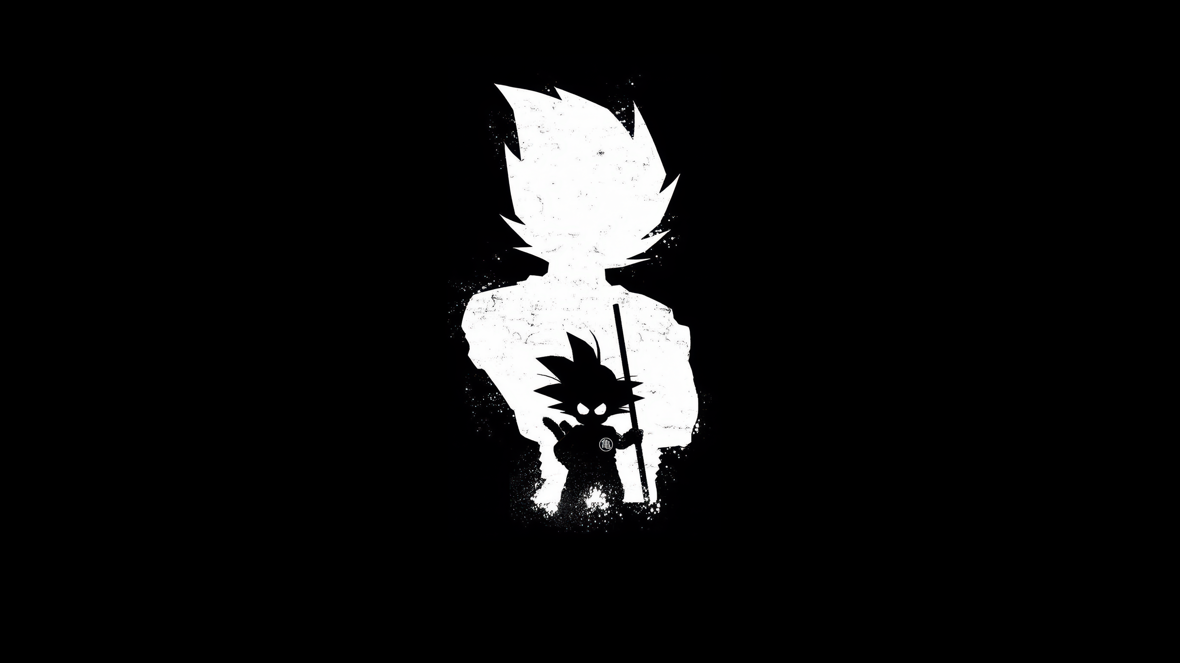 A minimalist black and white silhouette of Goku from Dragon Ball on a solid black background.