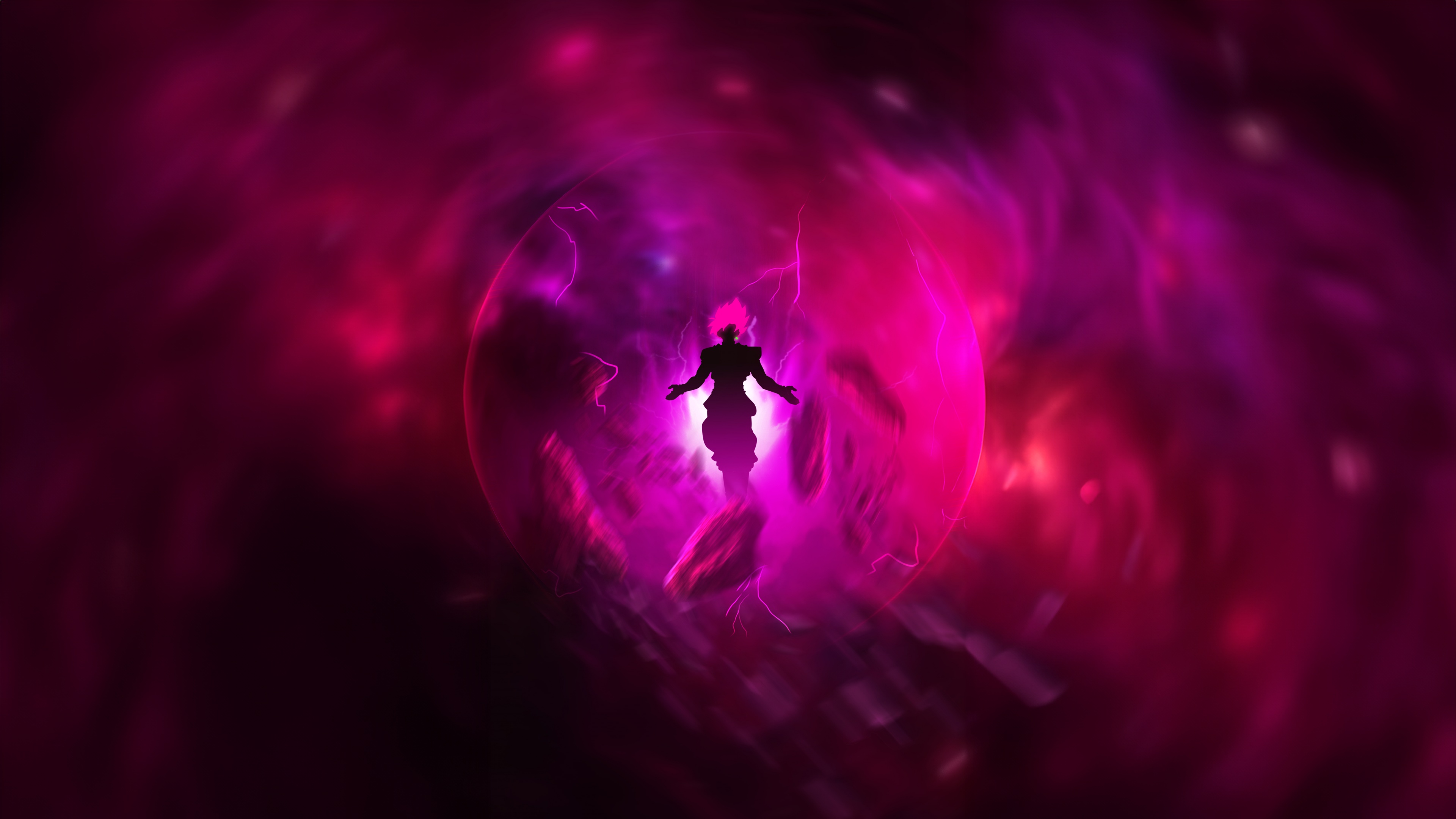 Goku from Dragon Ball in Super Saiyan Rosé form with a pink aesthetic background