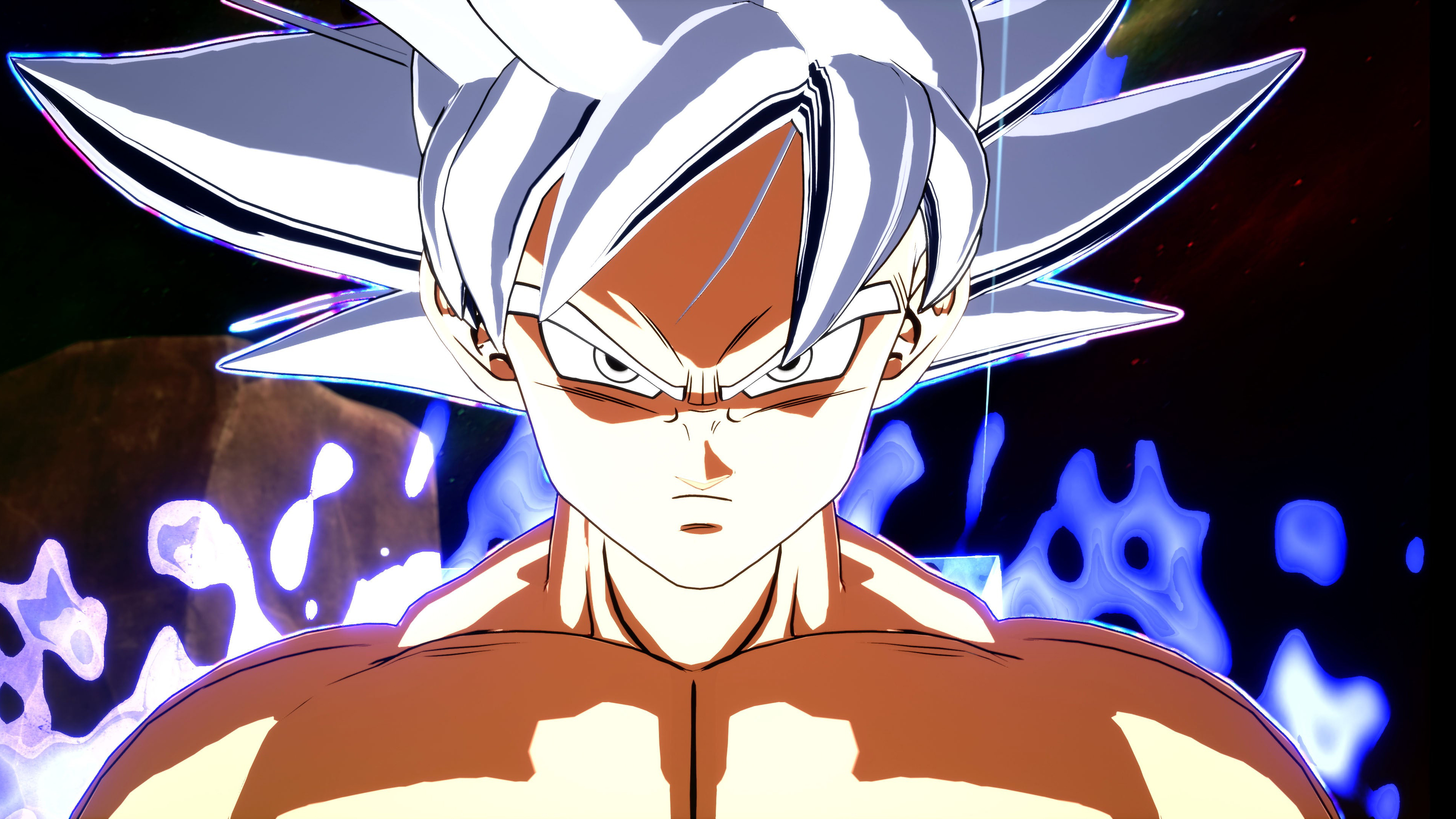Son Goku in his Perfected Ultra Instinct form with a shimmering silver and blue aura, inspired by Dragon Ball Sparking Zero.