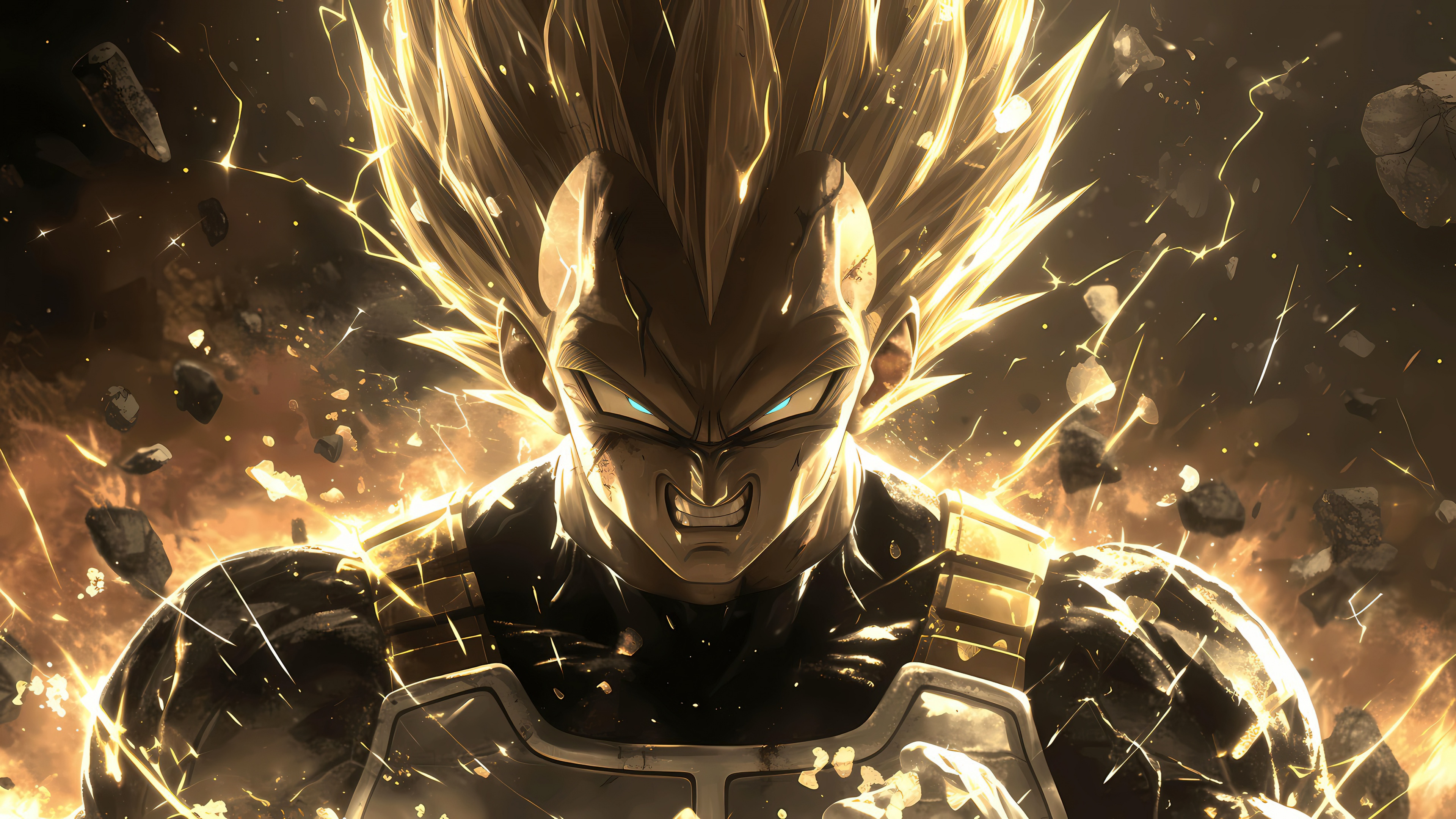 Angry Vegeta from Dragon Ball in his golden Super Saiyan form with a glowing aura.