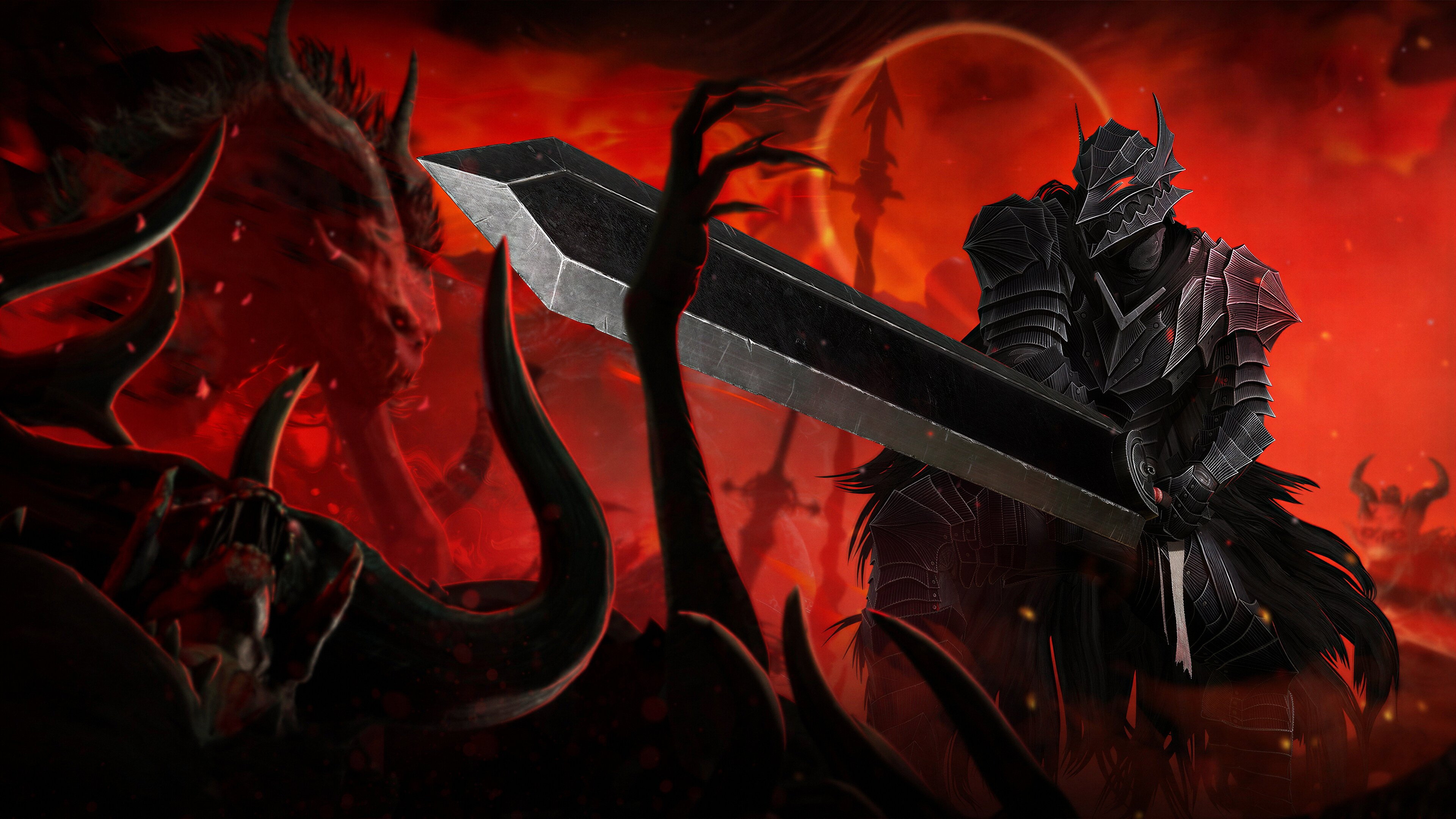 Guts from Berserk wielding the Dragon Slayer sword while wearing the Berserker Armor against a red background.
