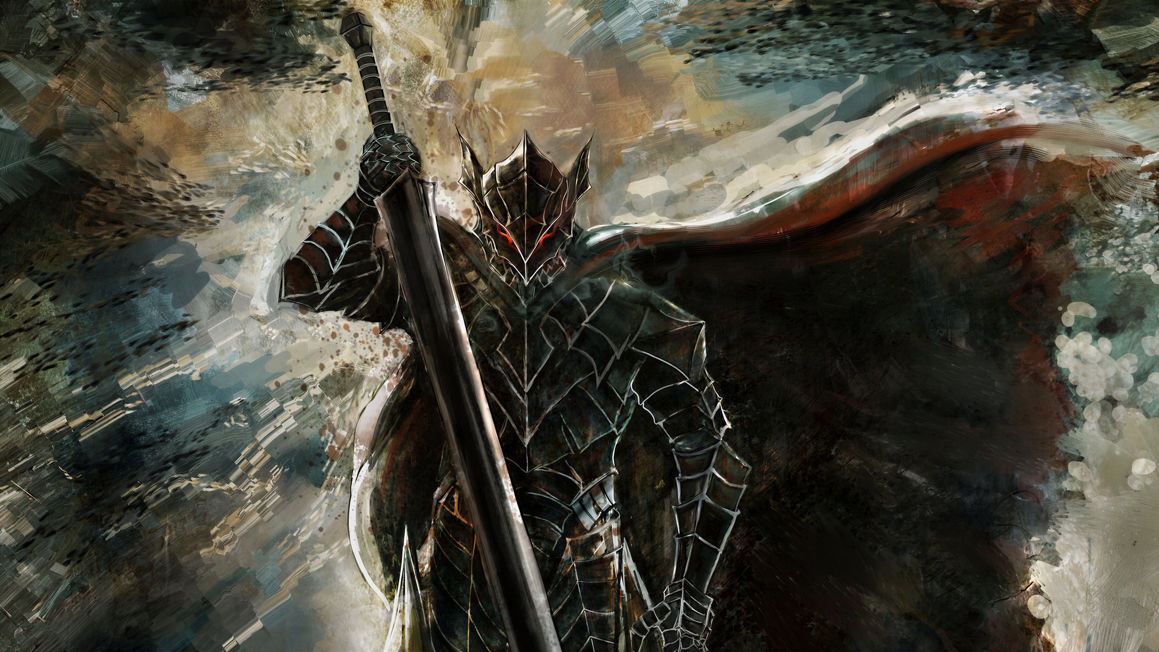 Guts from the Berserk manga series wearing the Berserker Armor and holding the massive Dragon Slayer sword.