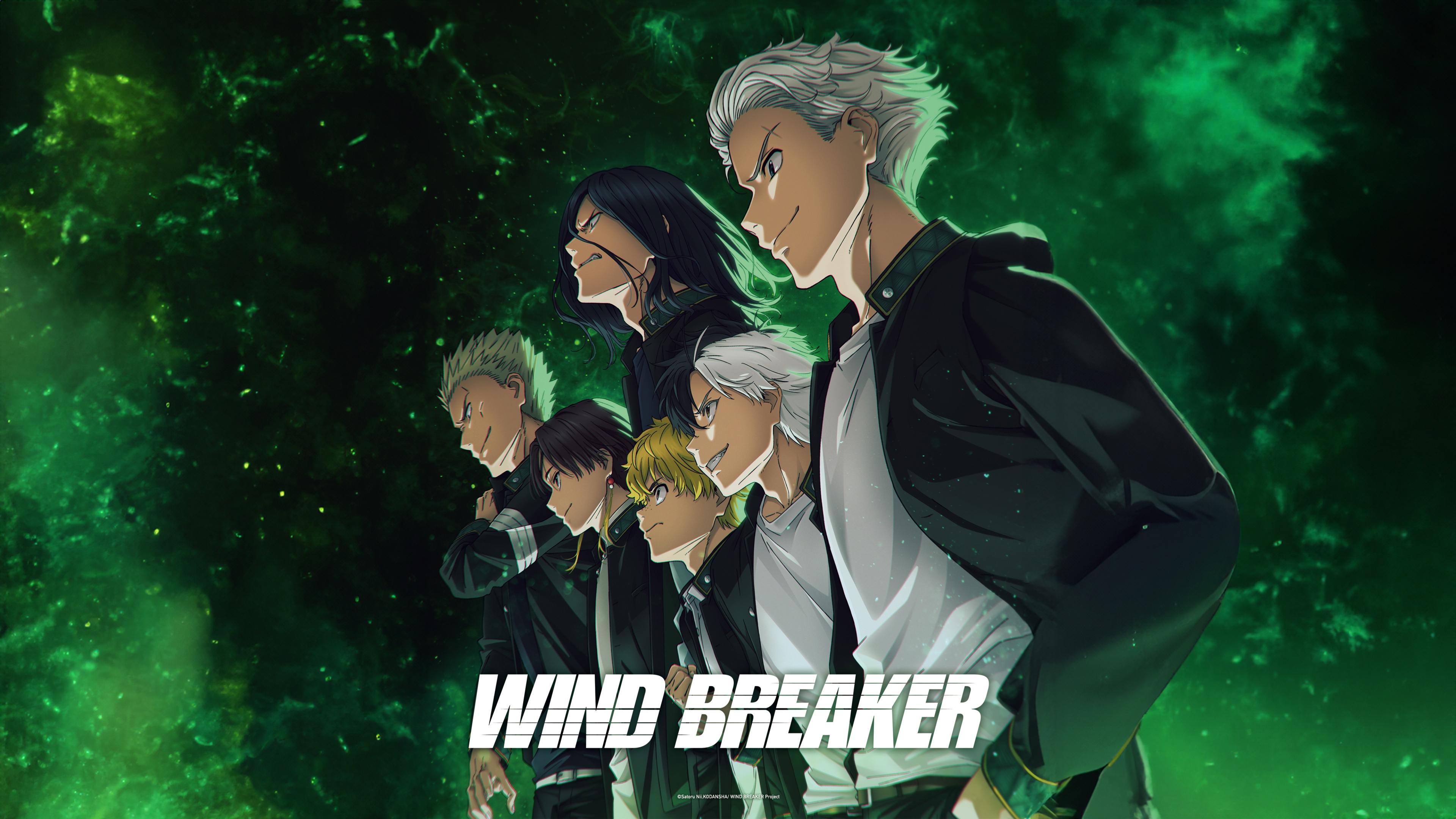 Anime characters Haruka Sakura, Akihiko Nirei, and Hayato Suo from Wind Breaker positioned against a green background.