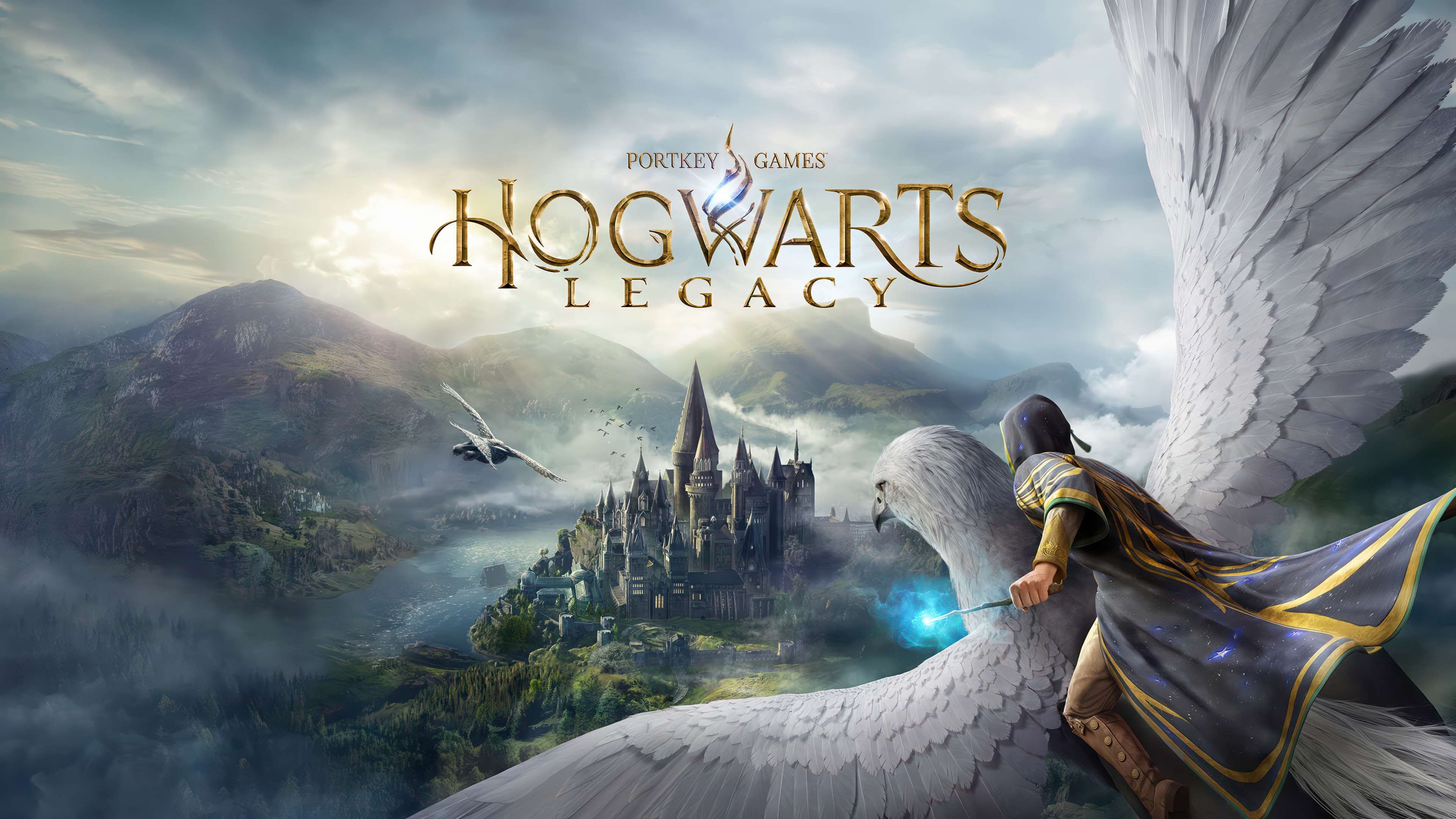 A detailed 5K view of a student from Hogwarts Legacy standing before the magnificent Hogwarts castle, showcasing magical lighting and the enchanted atmosphere of the Nintendo Switch era.