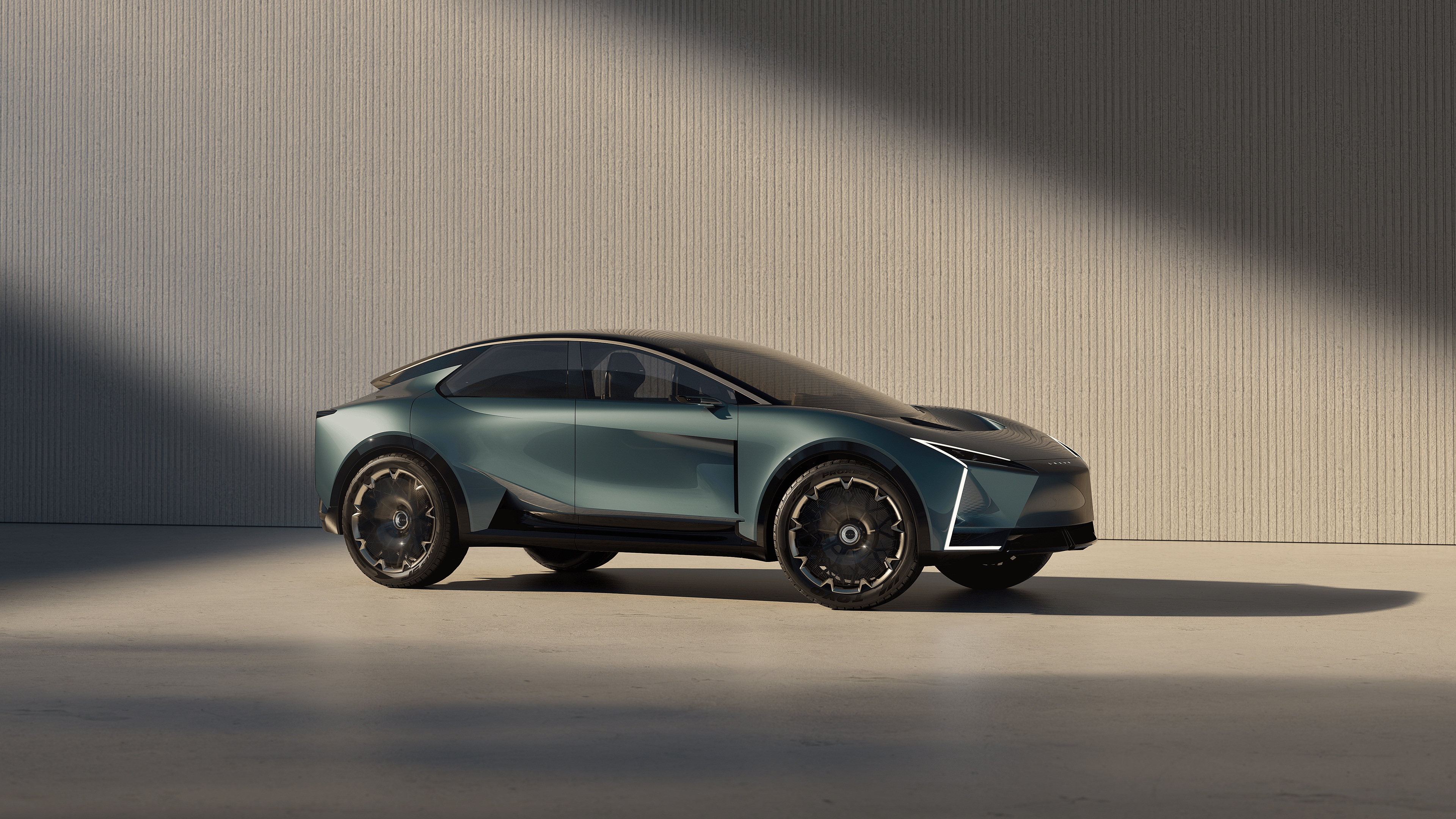 A futuristic 2025 concept car with a sleek, aerodynamic metallic body and integrated LED light strips.