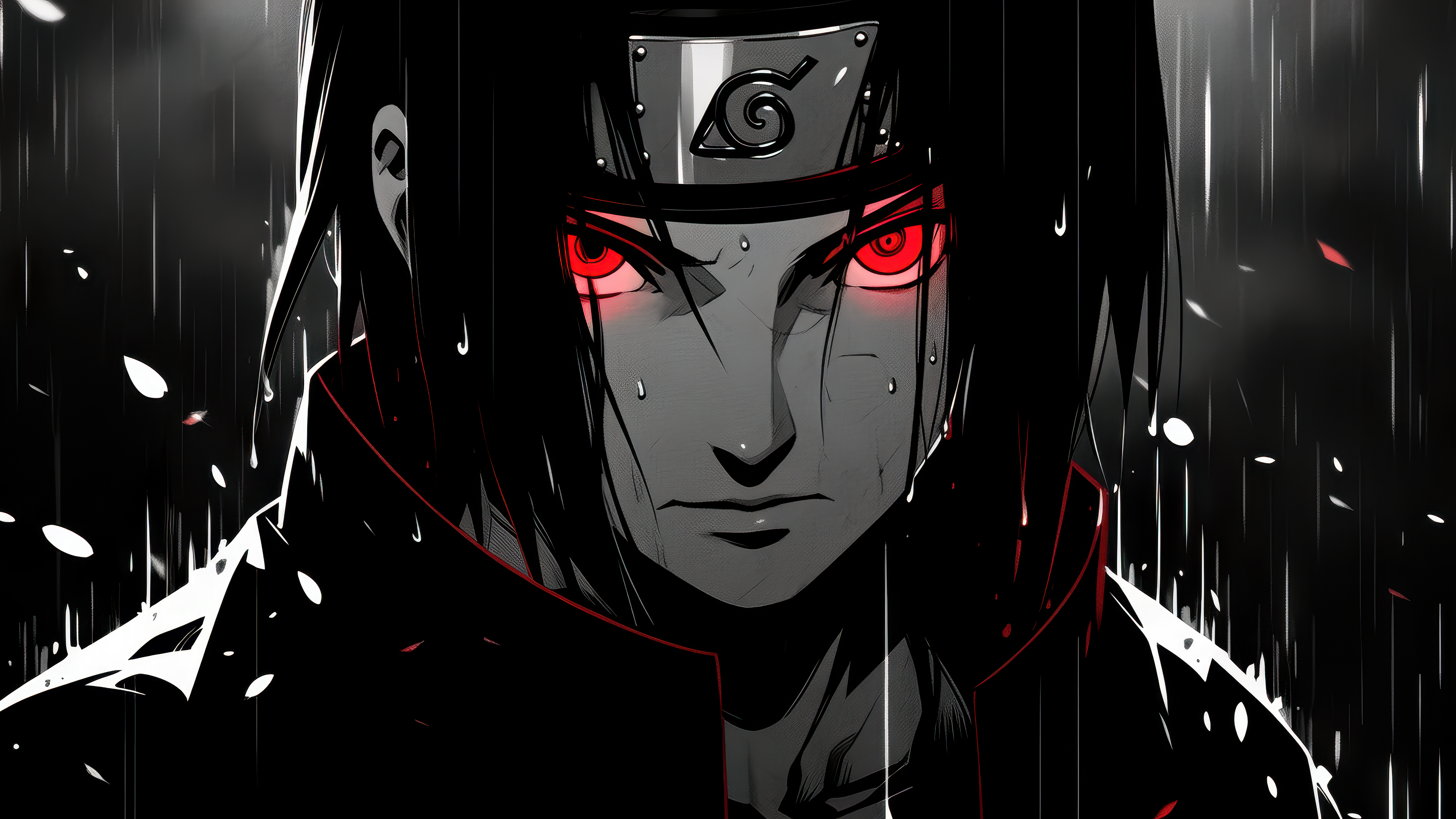 A monochrome, dark aesthetic portrait of Itachi Uchiha from Naruto.