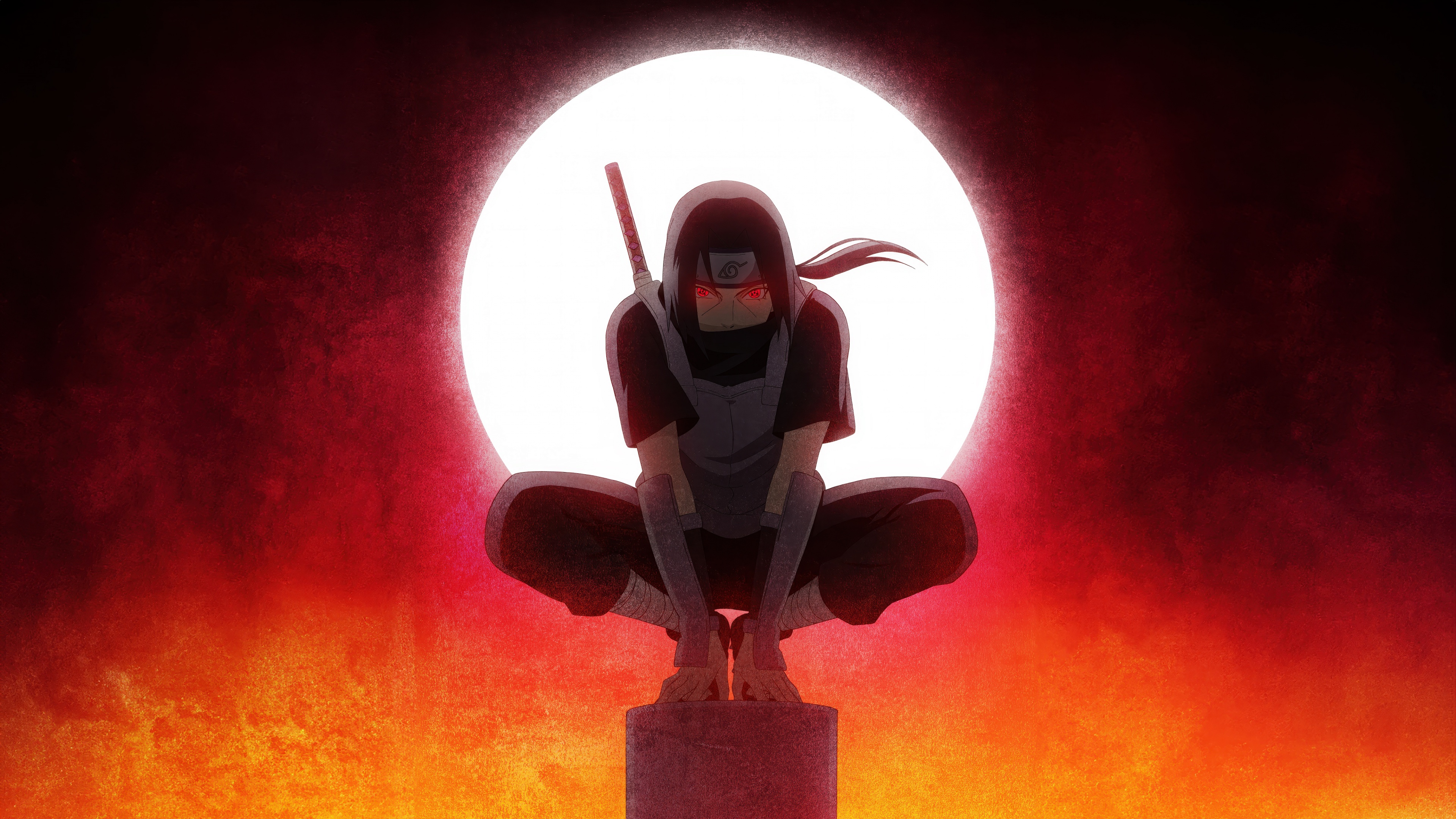 A cinematic, high-resolution portrait of Itachi Uchiha from Naruto with a vibrant red background and intense red lighting.