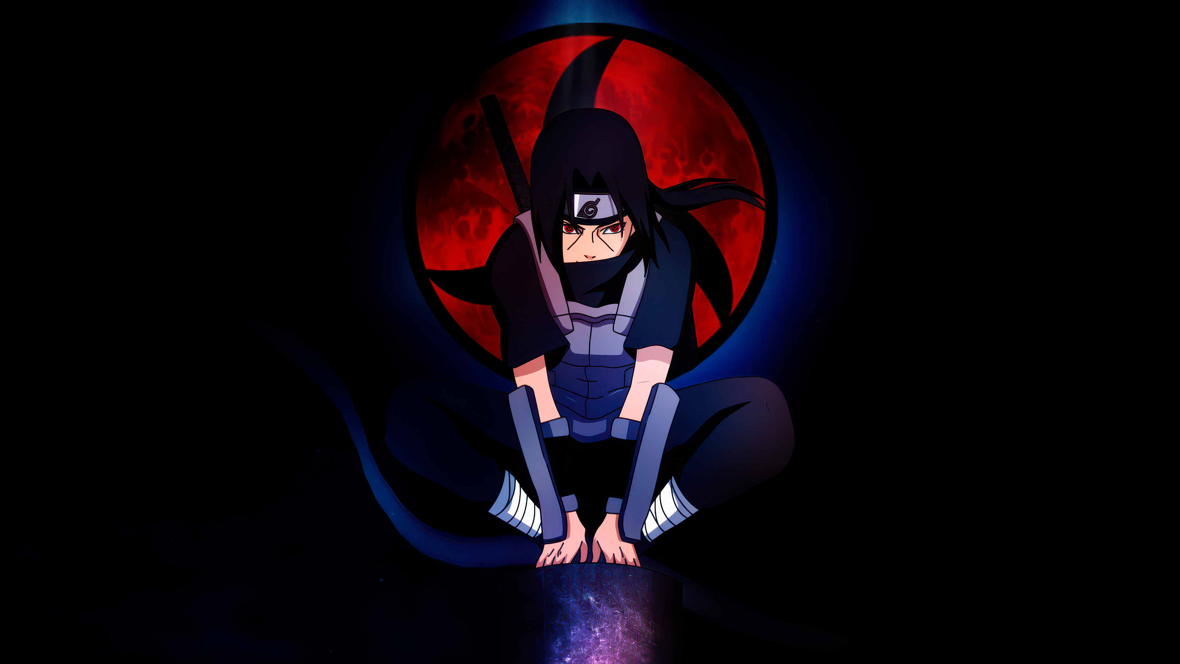 Close-up of Itachi Uchiha from Naruto with glowing red Sharingan eyes against a solid black background in a dark aesthetic.