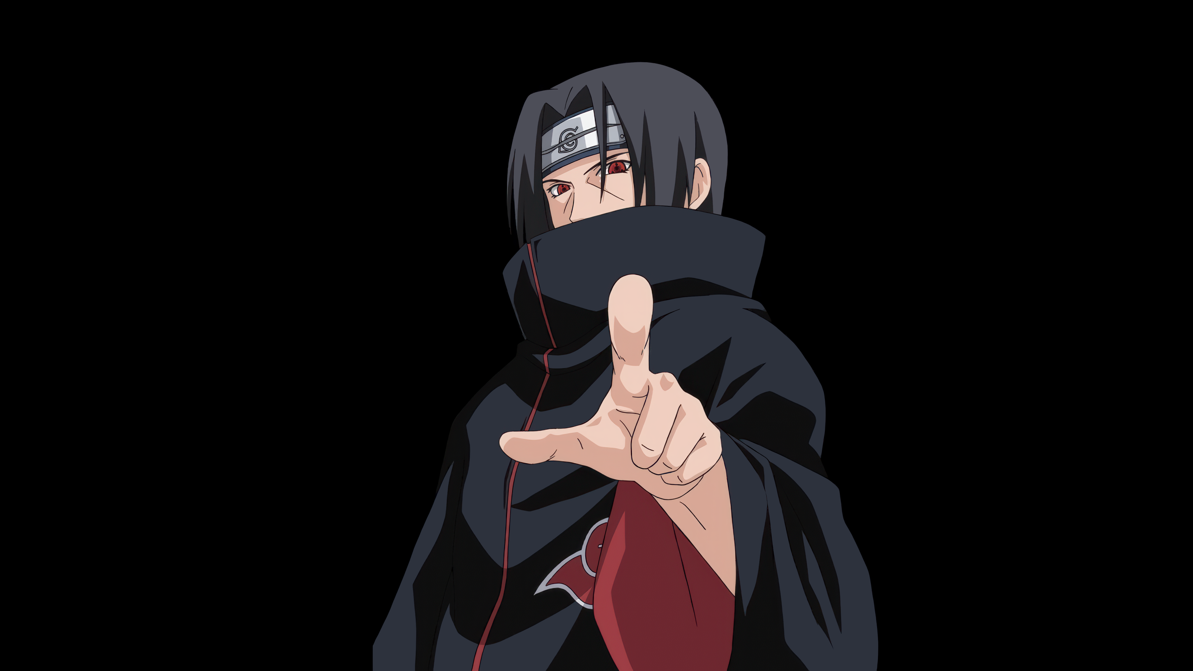 A close-up view of Itachi Uchiha's red Sharingan eye from the Naruto anime, featuring the Akatsuki aesthetic on a dark background.