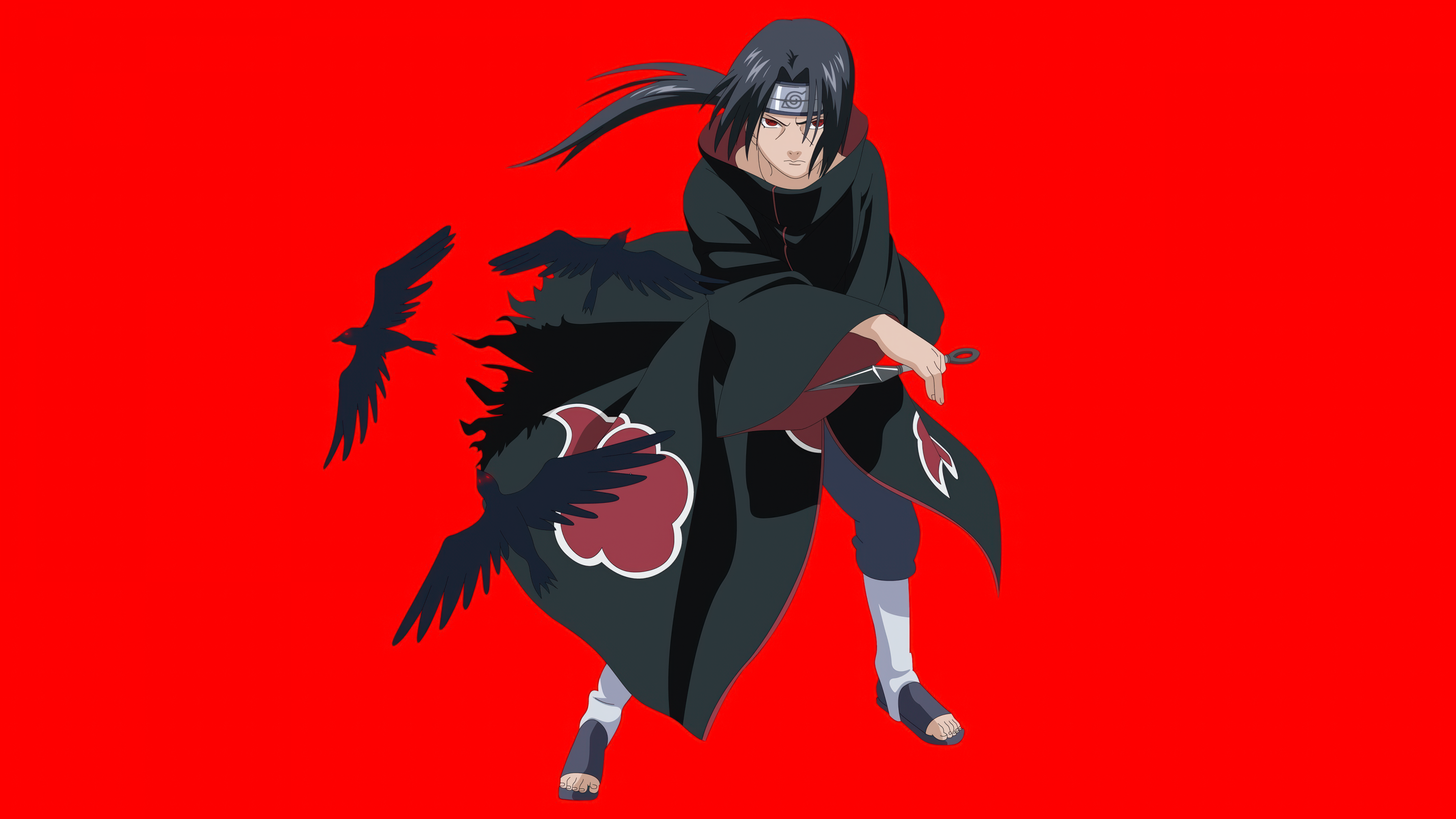 Itachi Uchiha from Naruto Shippuden featuring his iconic Sharingan eyes against a deep red background.