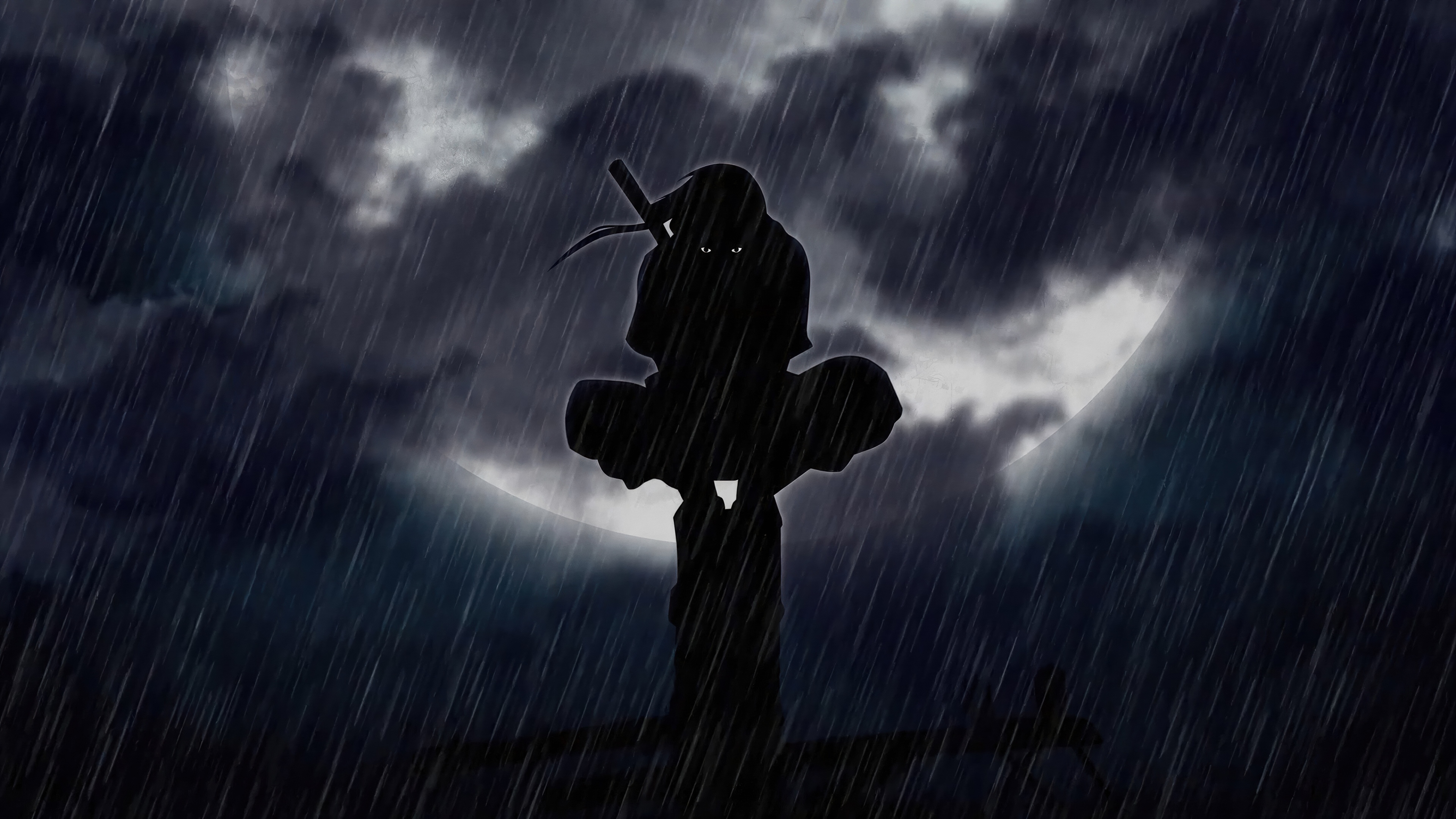 A dark, moody silhouette of Itachi Uchiha from Naruto standing in the middle of a heavy rainstorm.