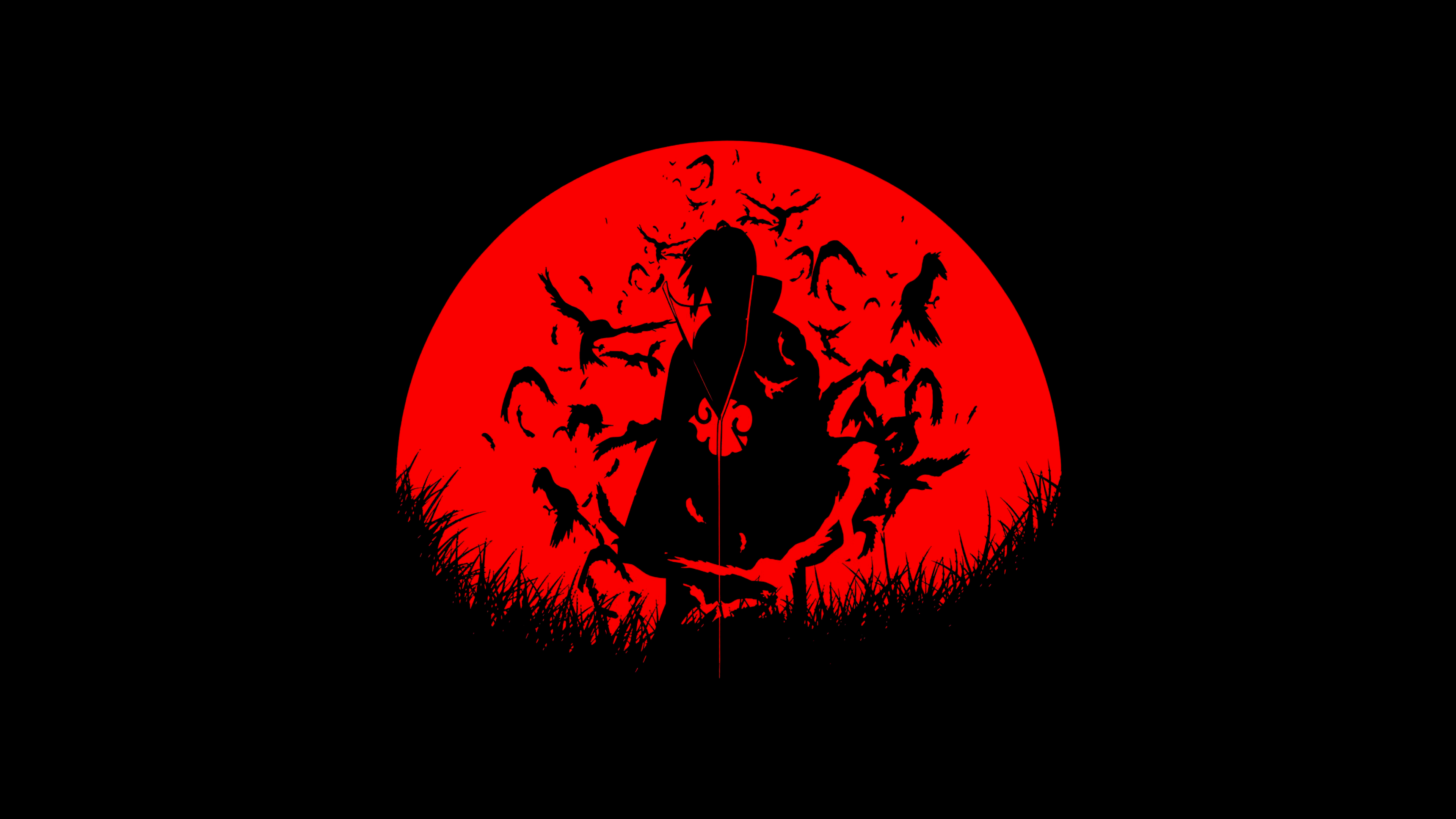 A dark silhouette of Itachi Uchiha from Naruto Shippuden standing in front of a large, intense red moon against a black background.