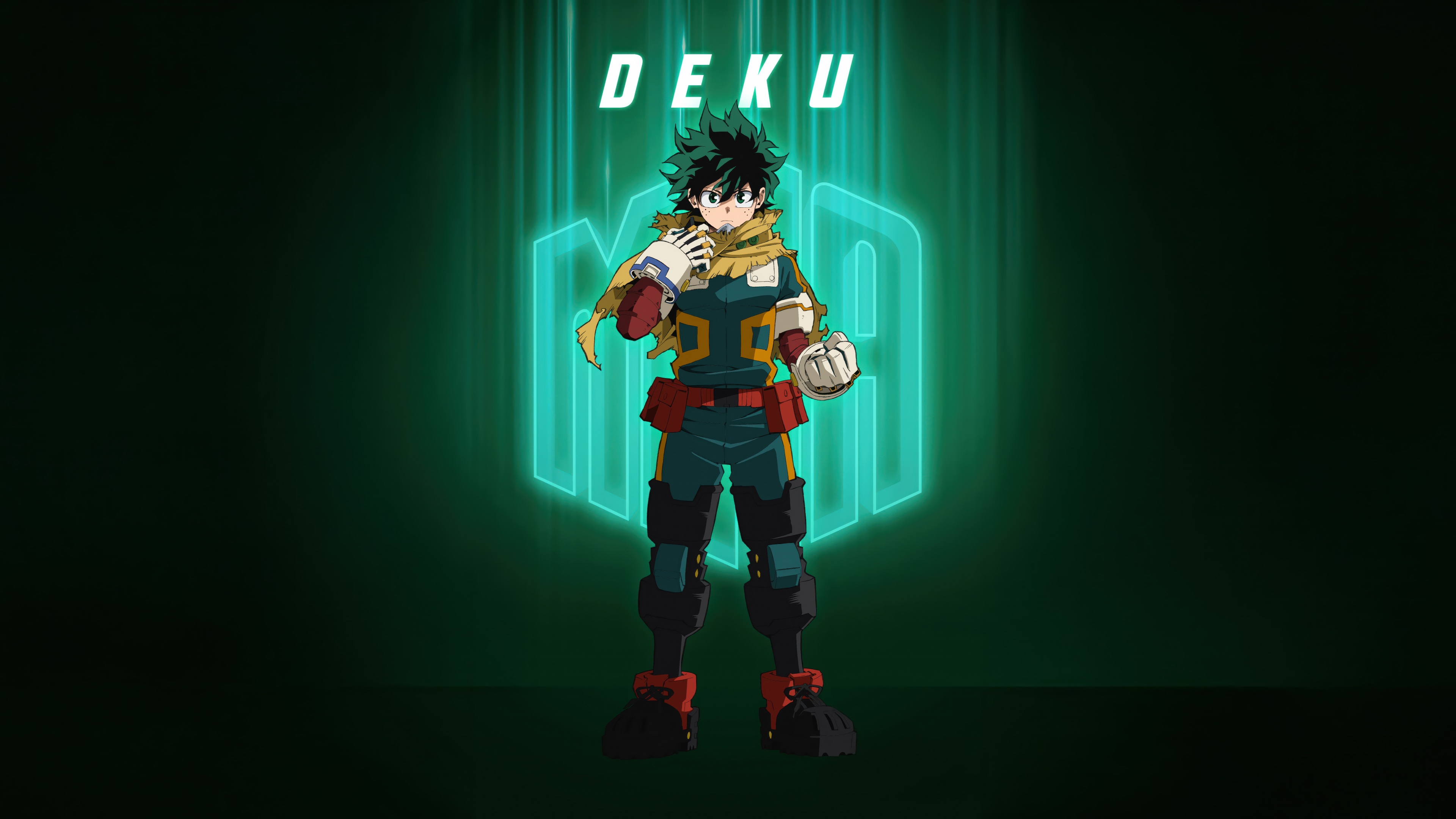 Izuku Midoriya (Deku) from My Hero Academia Season 7 against a striking green background