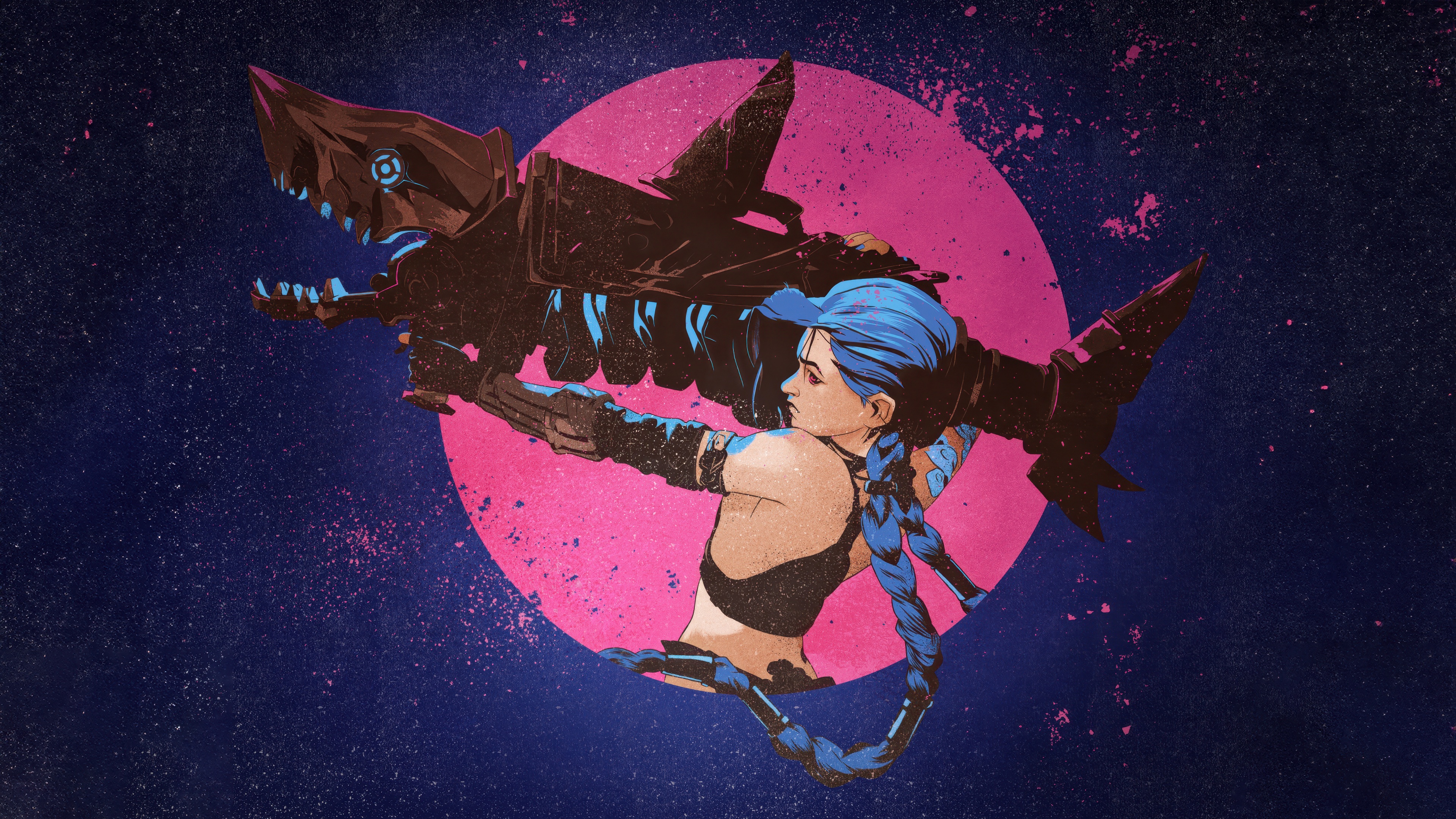 A cinematic dark blue poster featuring Jinx from the series Arcane: League of Legends.