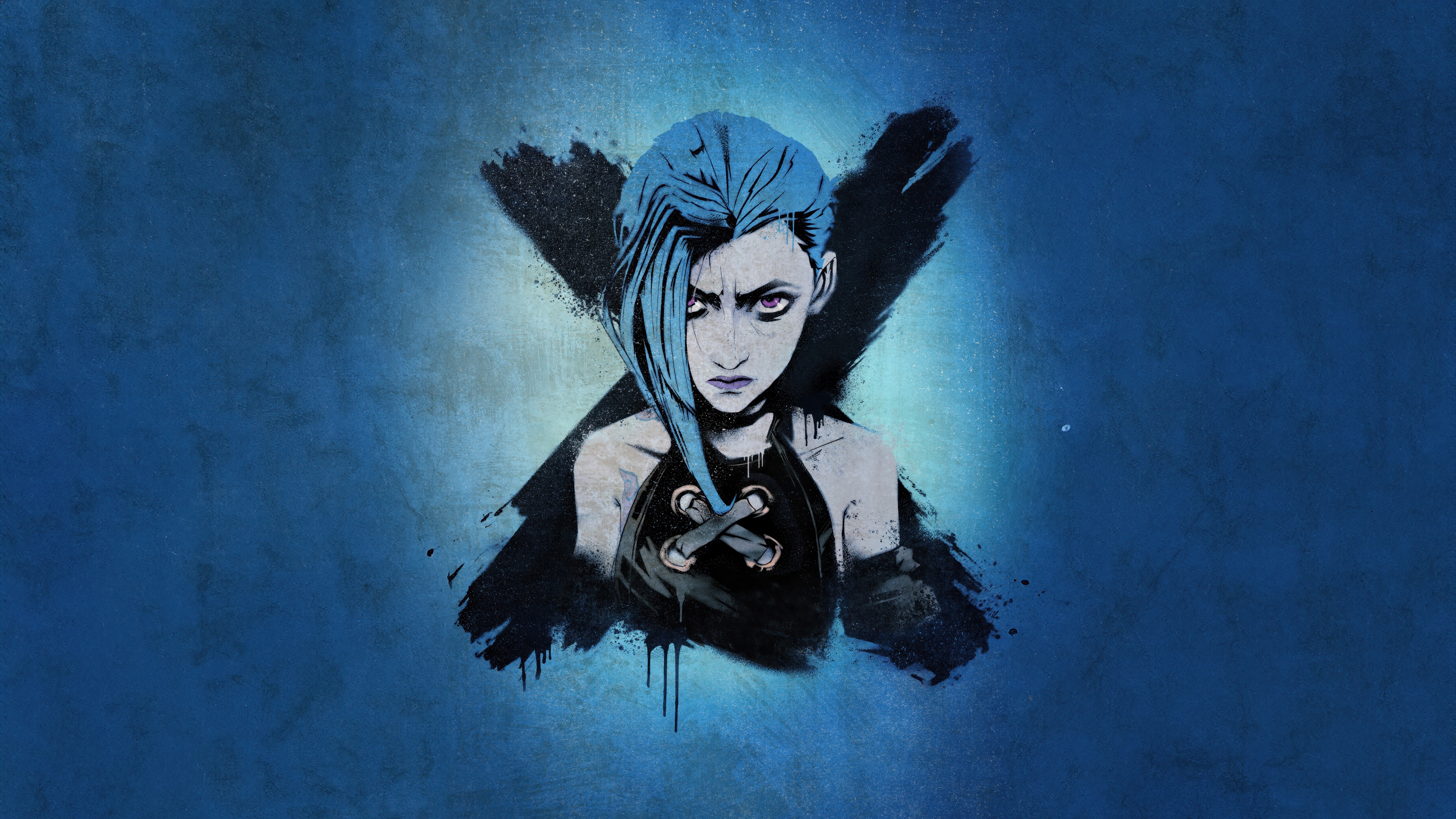 Graffiti artwork of Jinx from Arcane: League of Legends with a blue aesthetic and spray paint elements.