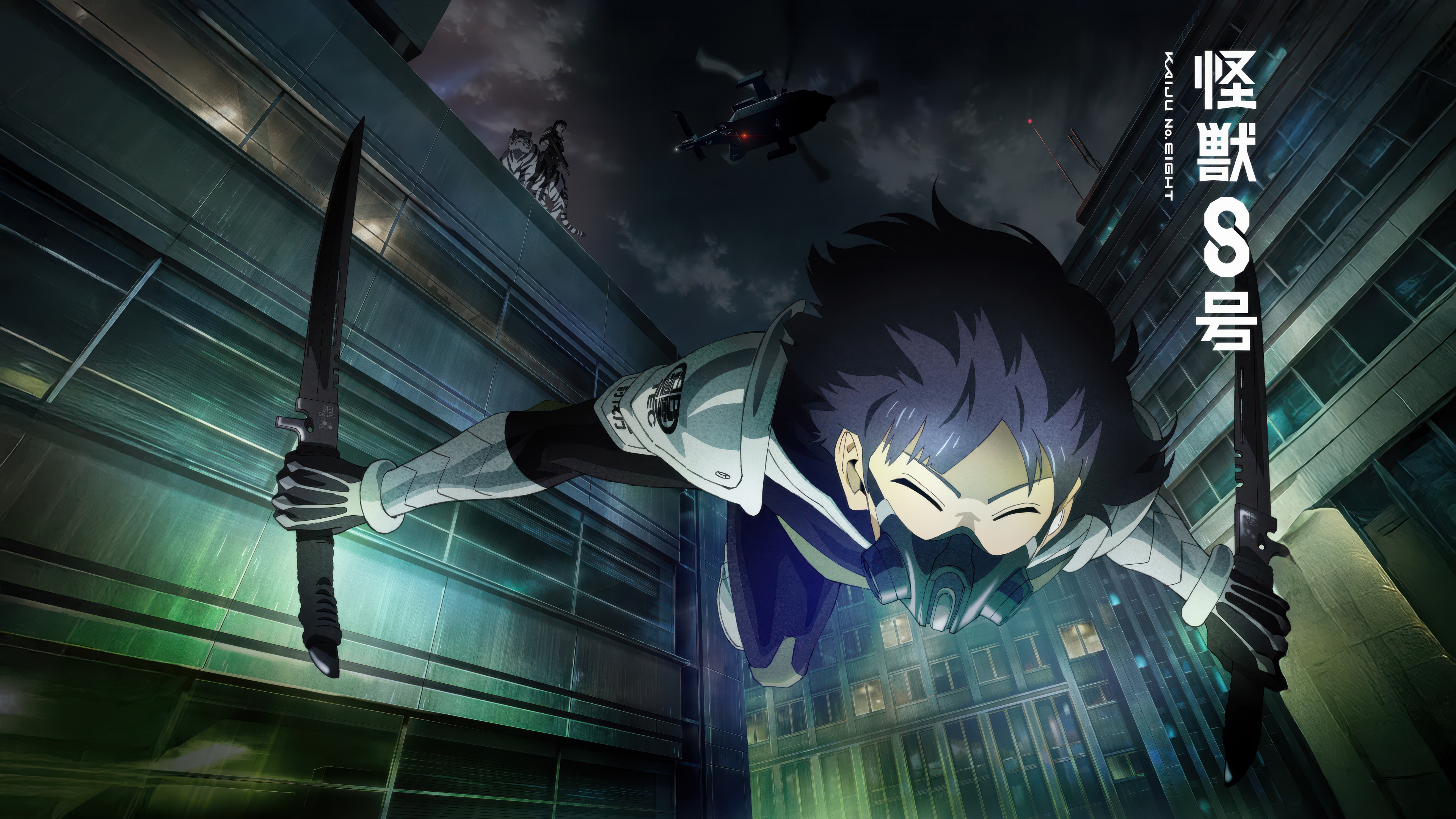 Kafka Hibino transformed into Kaiju No. 8 with glowing blue eyes and dark, armored skin.