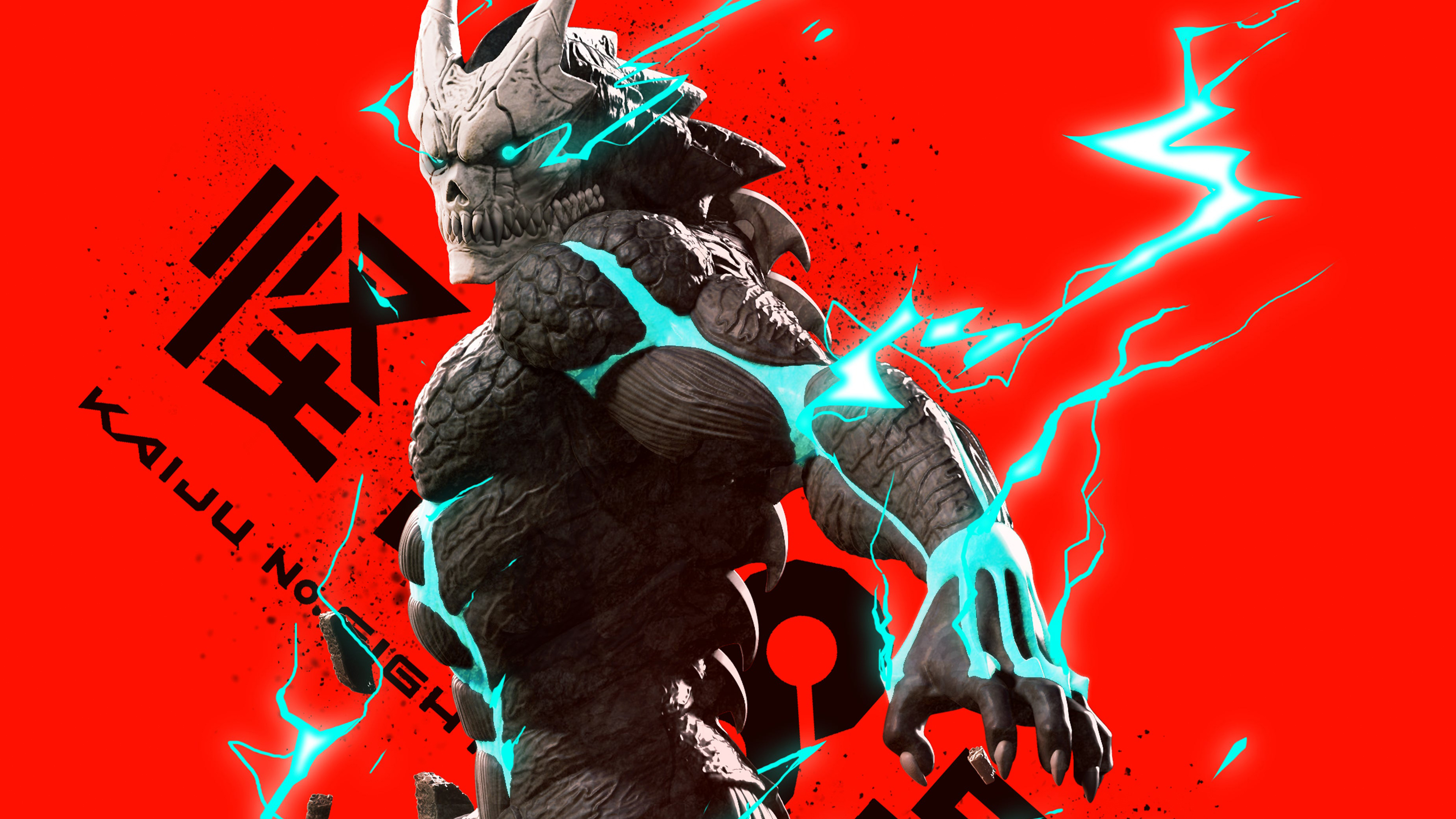 A detailed 3D model of Kafka Hibino from the anime Kaiju No. 8 positioned against a vibrant red background.
