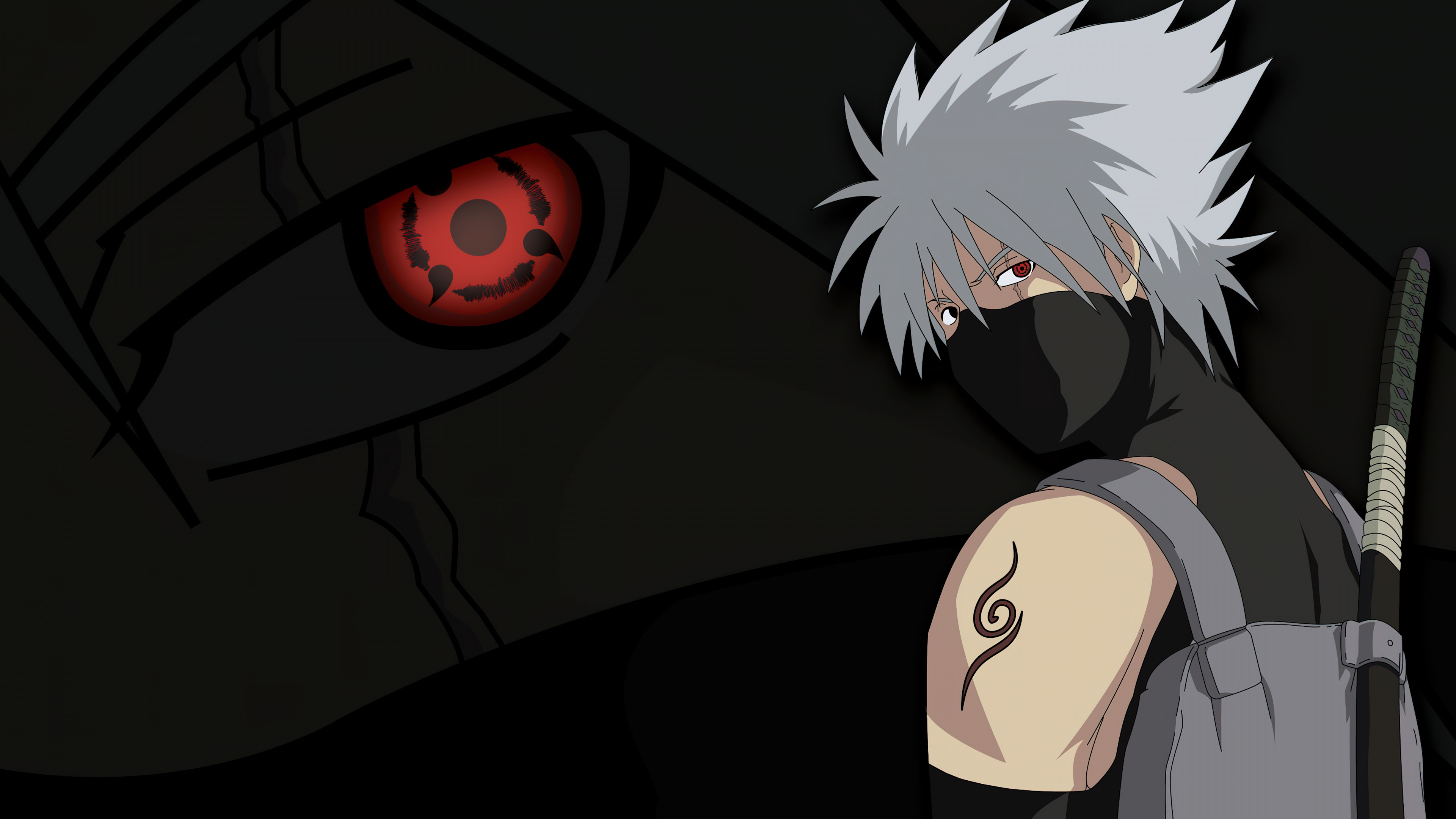 Kakashi Hatake from Naruto with glowing red Sharingan in a dark aesthetic style.