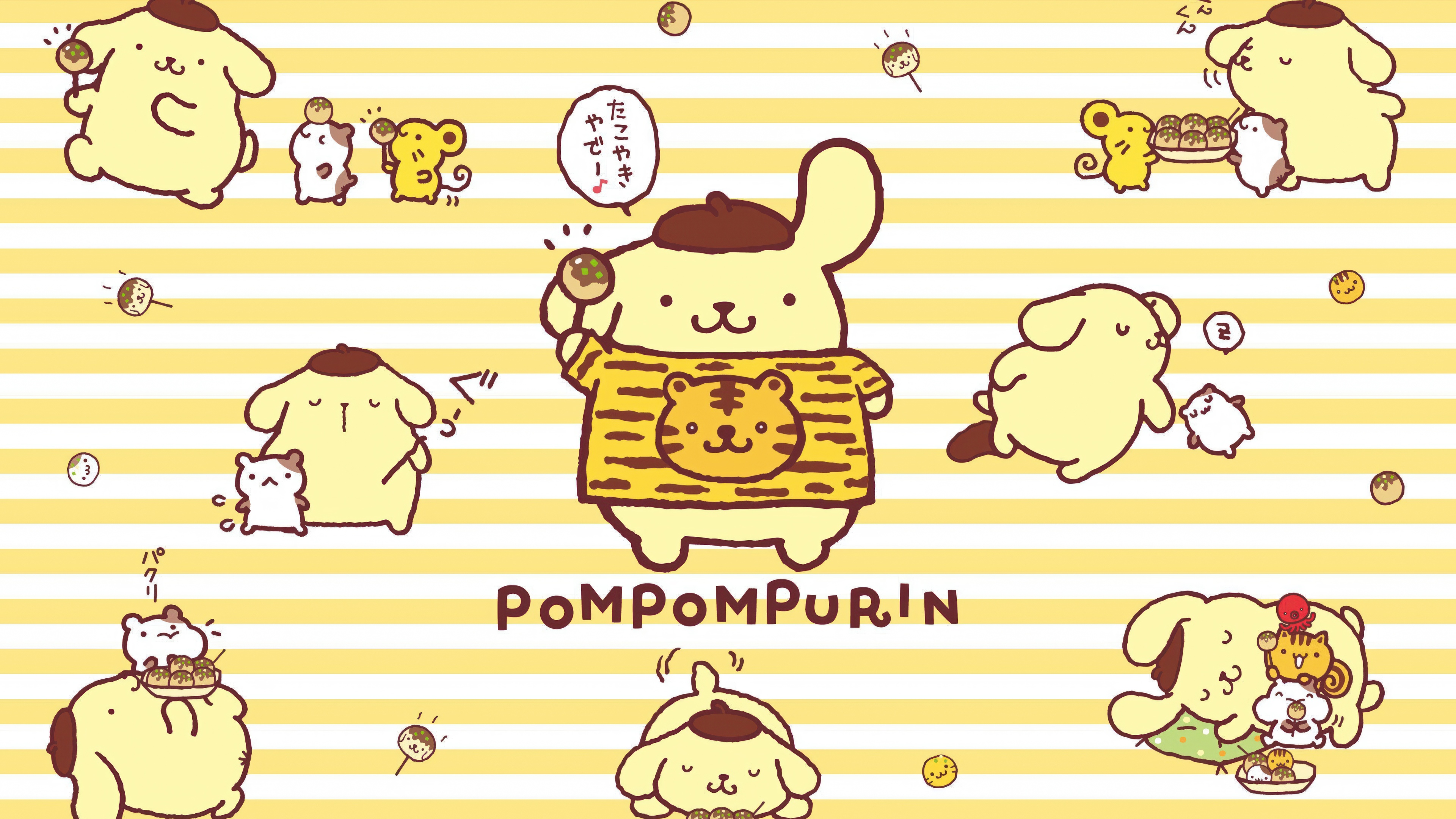 A cute and kawaii cartoon illustration of Pompompurin from Sanrio featuring adorable stripes.