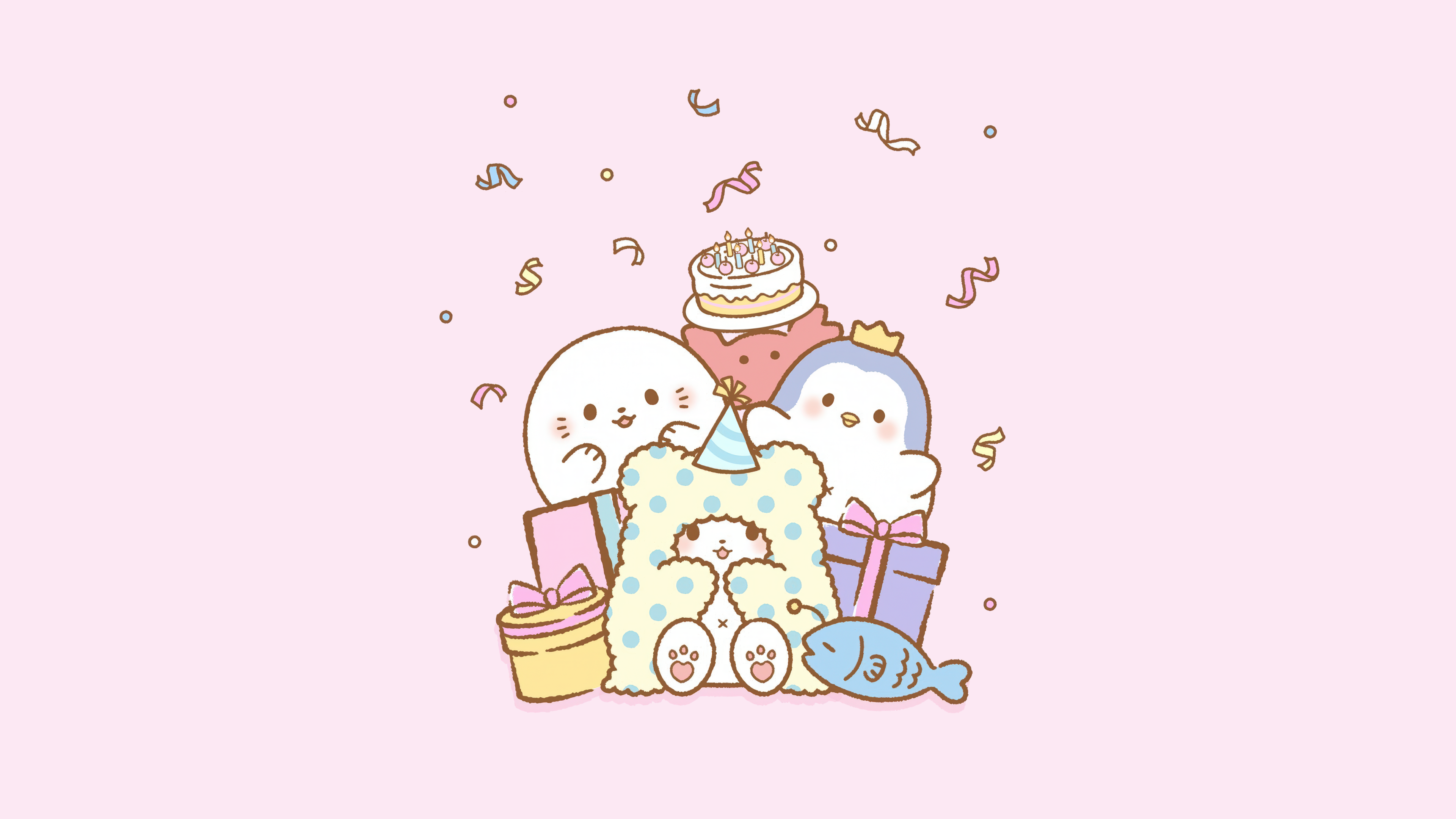 Kawaii Sanrio-style characters celebrating a birthday with pastel pink decorations and confetti.