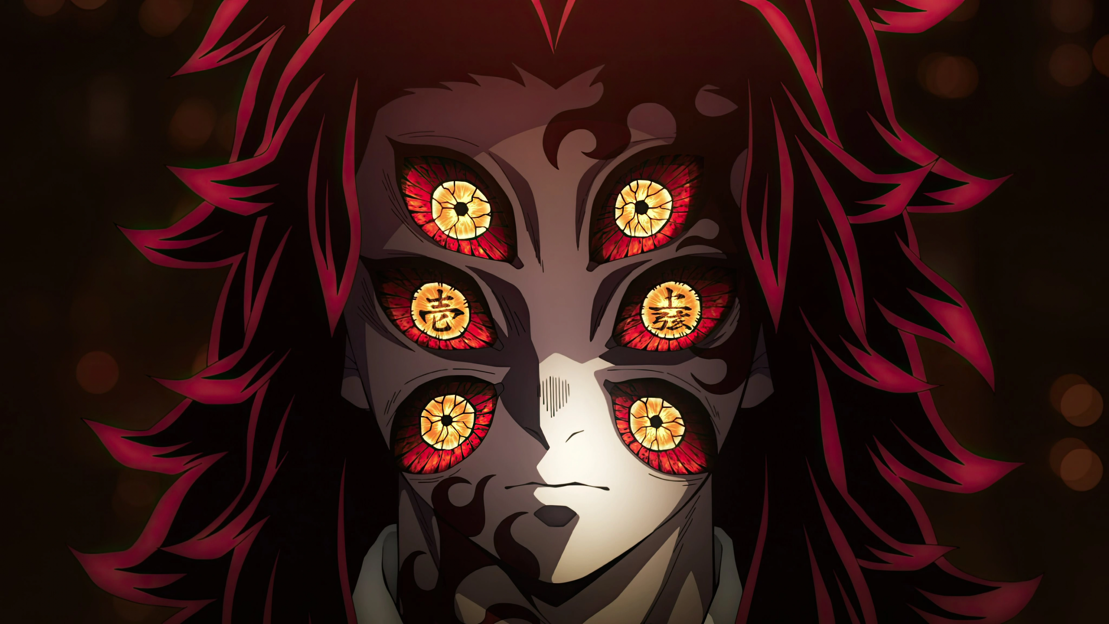 Kokushibo, the Upper Rank One demon from Demon Slayer: Kimetsu no Yaiba, featuring his iconic six eyes and samurai-style attire.