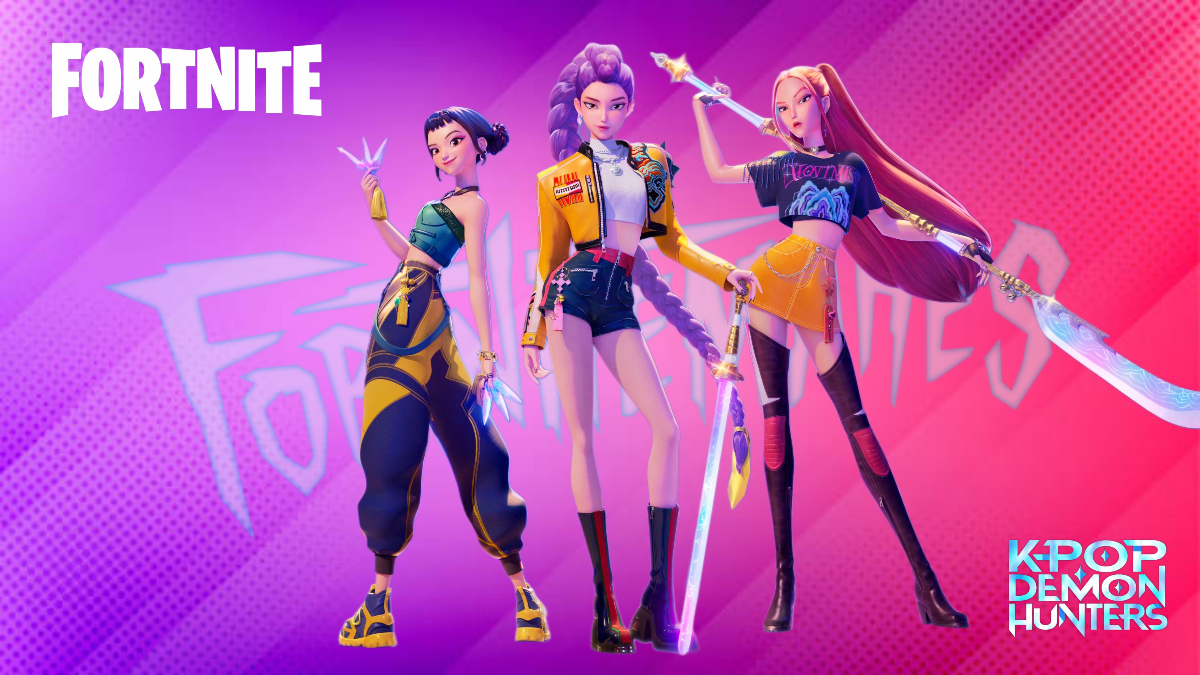 The Huntrix KPop Demon Hunters trio, Rumi, Mira, and Zoey, presented in a colorful, stylized Fortnite battle royale aesthetic.