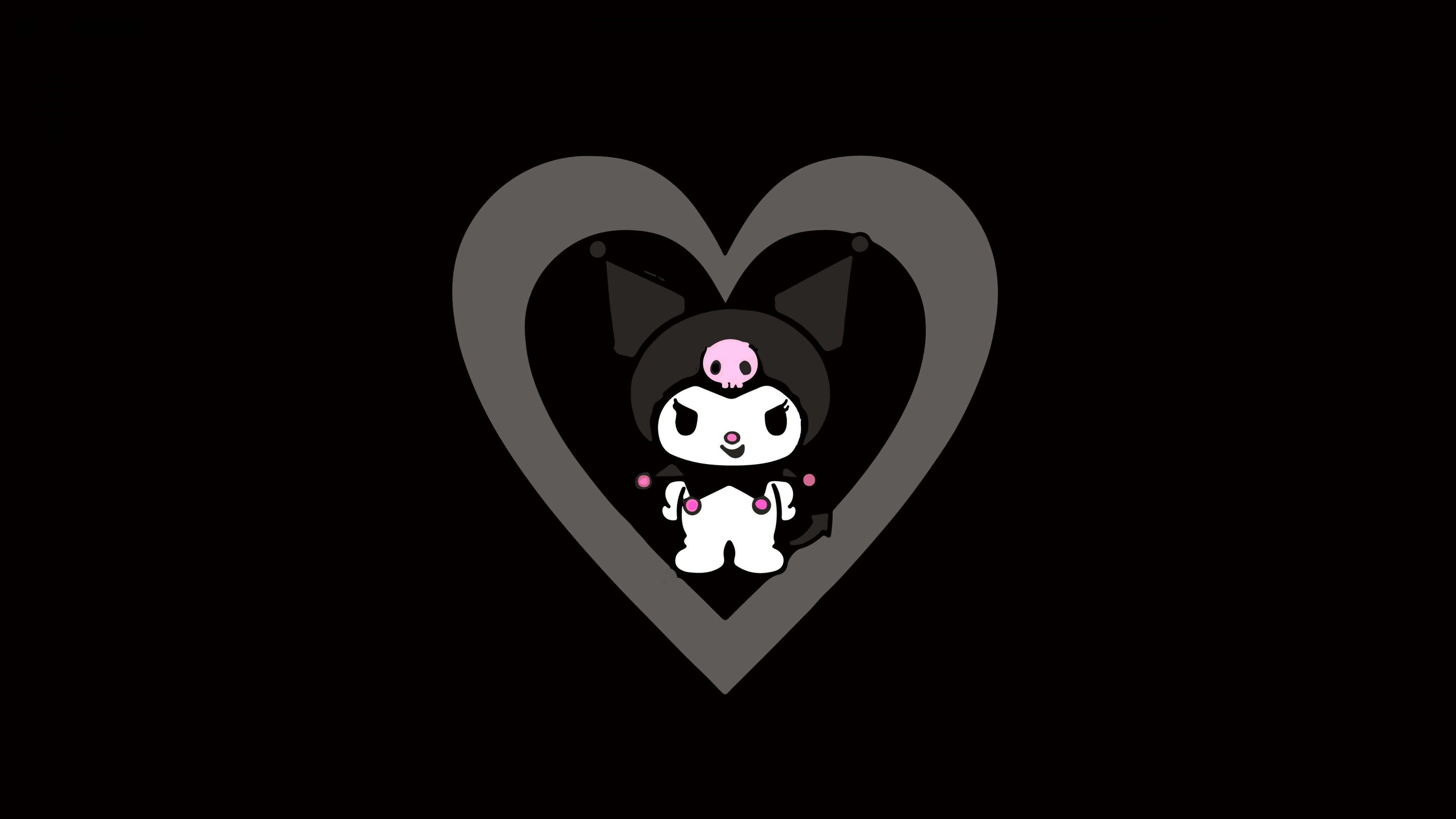 Kuromi from Sanrio with a cheeky expression and a love heart on a black background.