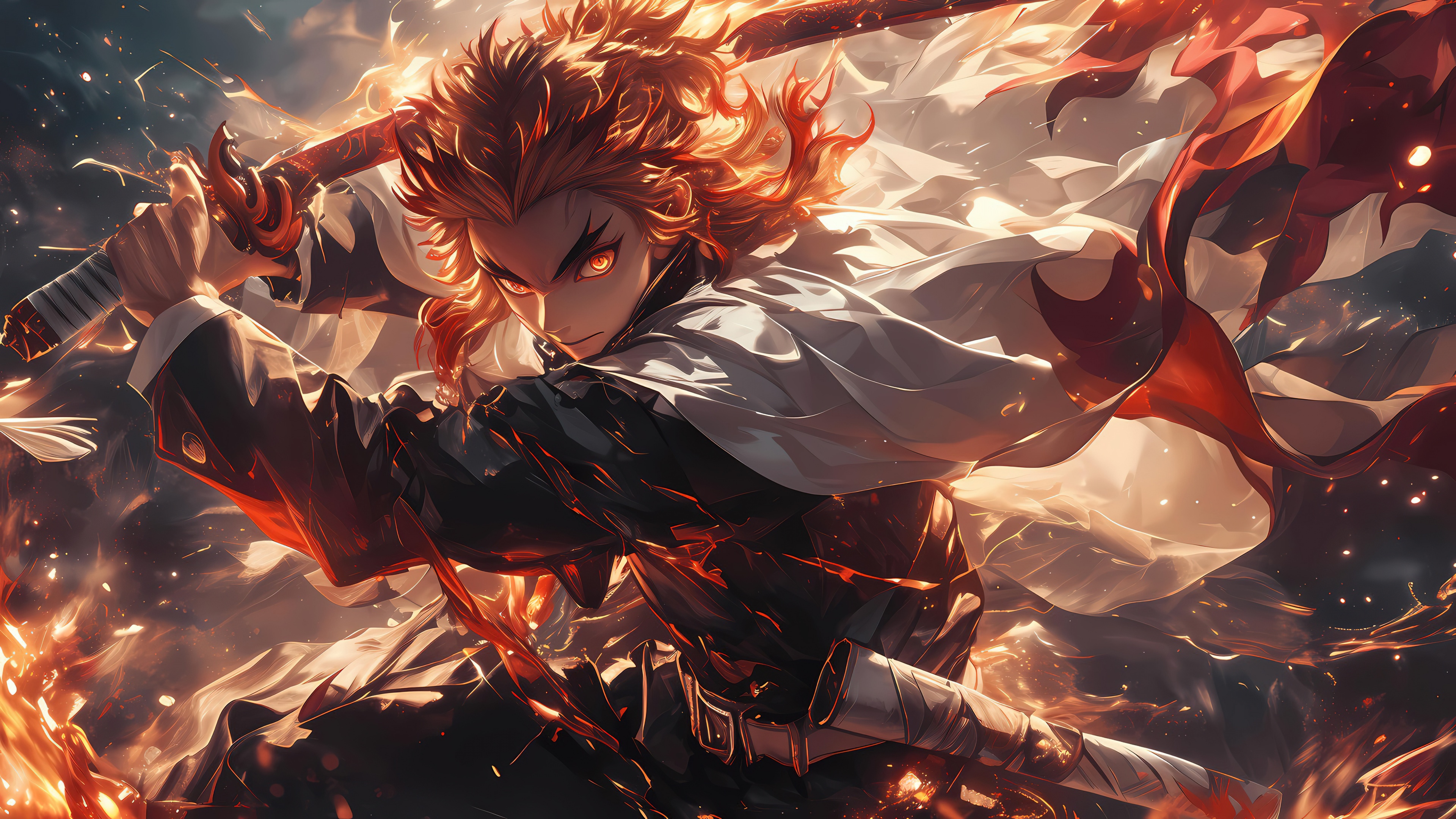 A detailed portrait of Kyojuro Rengoku from Demon Slayer: Kimetsu no Yaiba, showcasing his intense expression and flame-themed design.