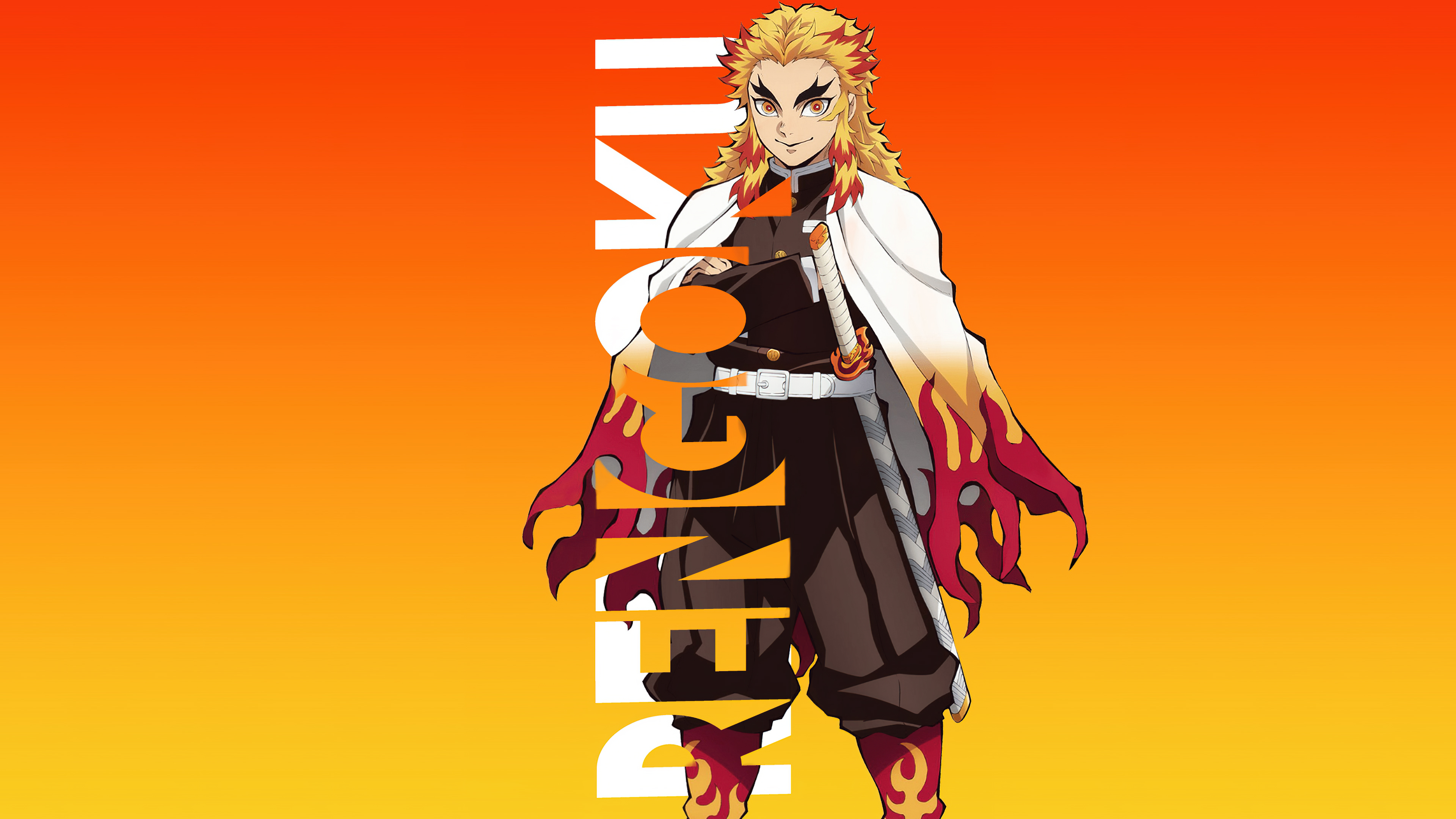 Kyojuro Rengoku from Demon Slayer: Kimetsu no Yaiba against a bright orange background
