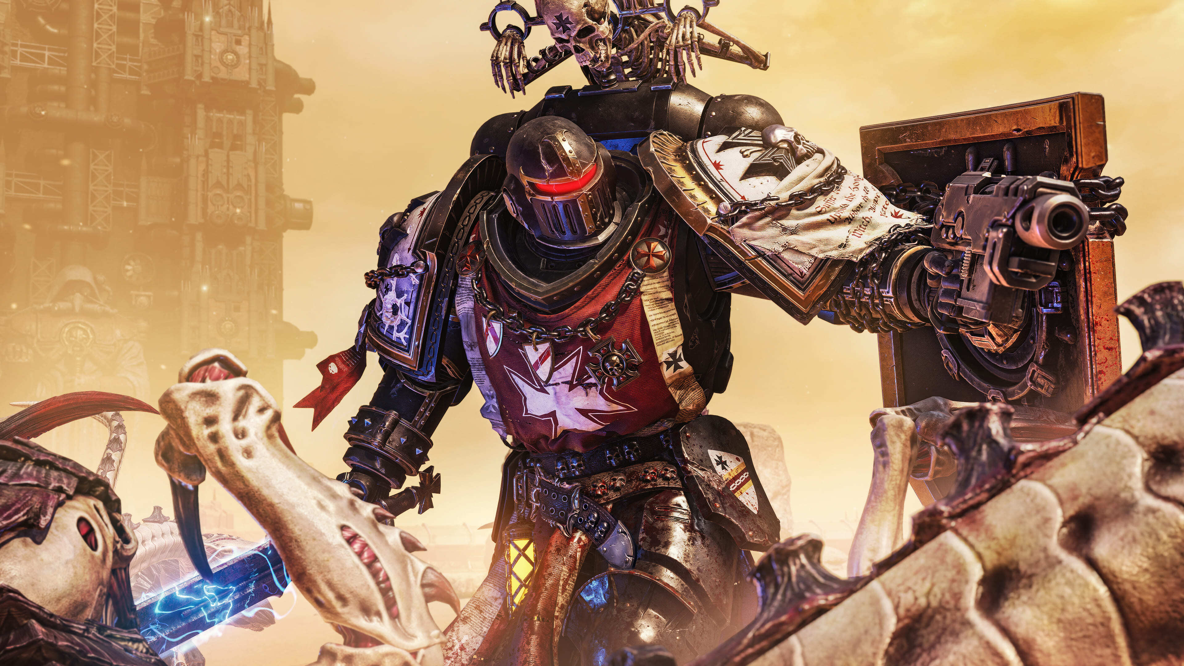 Lieutenant Titus wearing heavy blue power armor from the video game Warhammer 40,000: Space Marine 2.