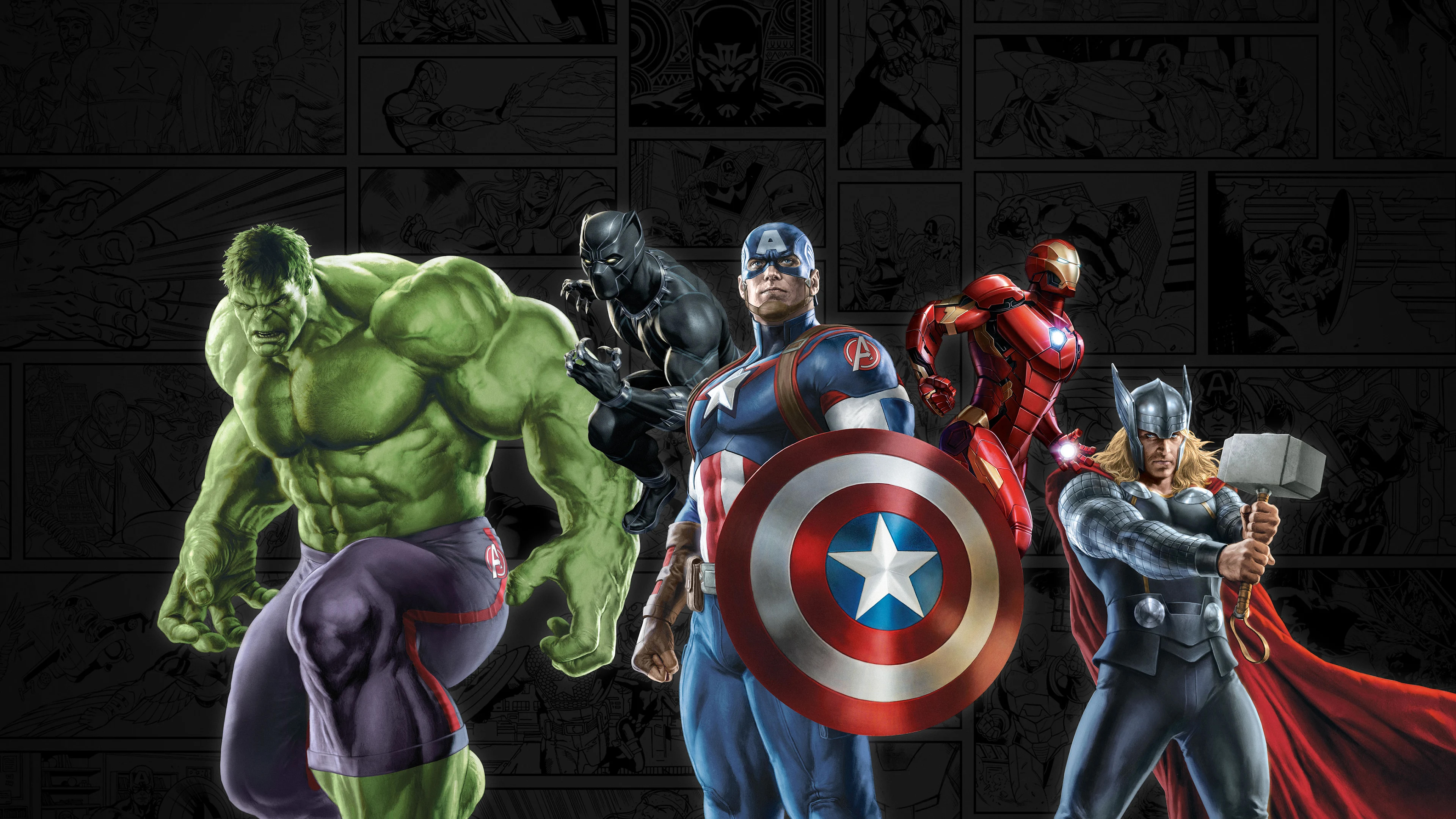 A cinematic poster of Marvel Comics superheroes Hulk, Captain America, Iron Man, Thor, and Black Panther against a dark background.