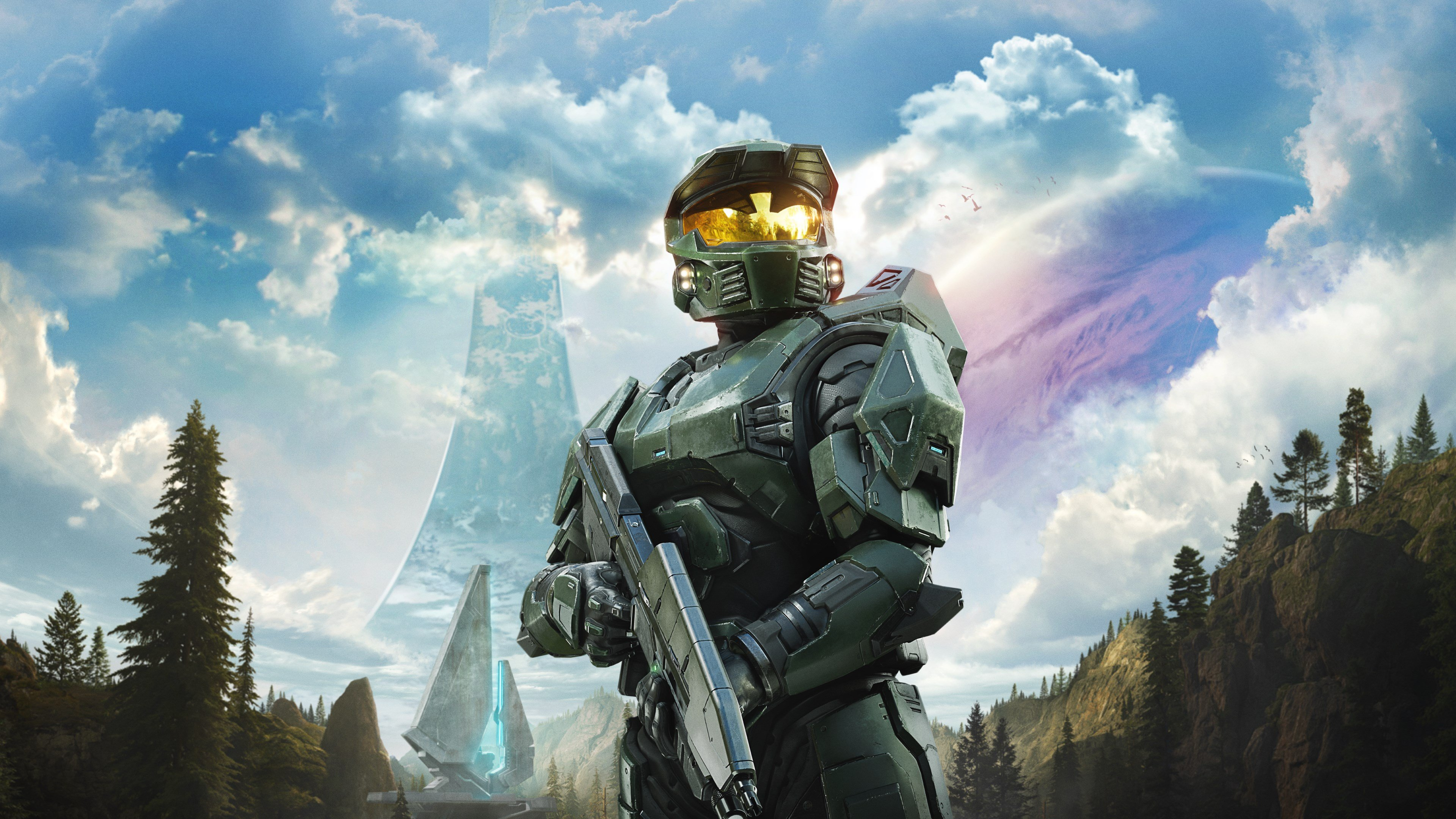 Master Chief in his signature green MJOLNIR armor from the Halo game series.