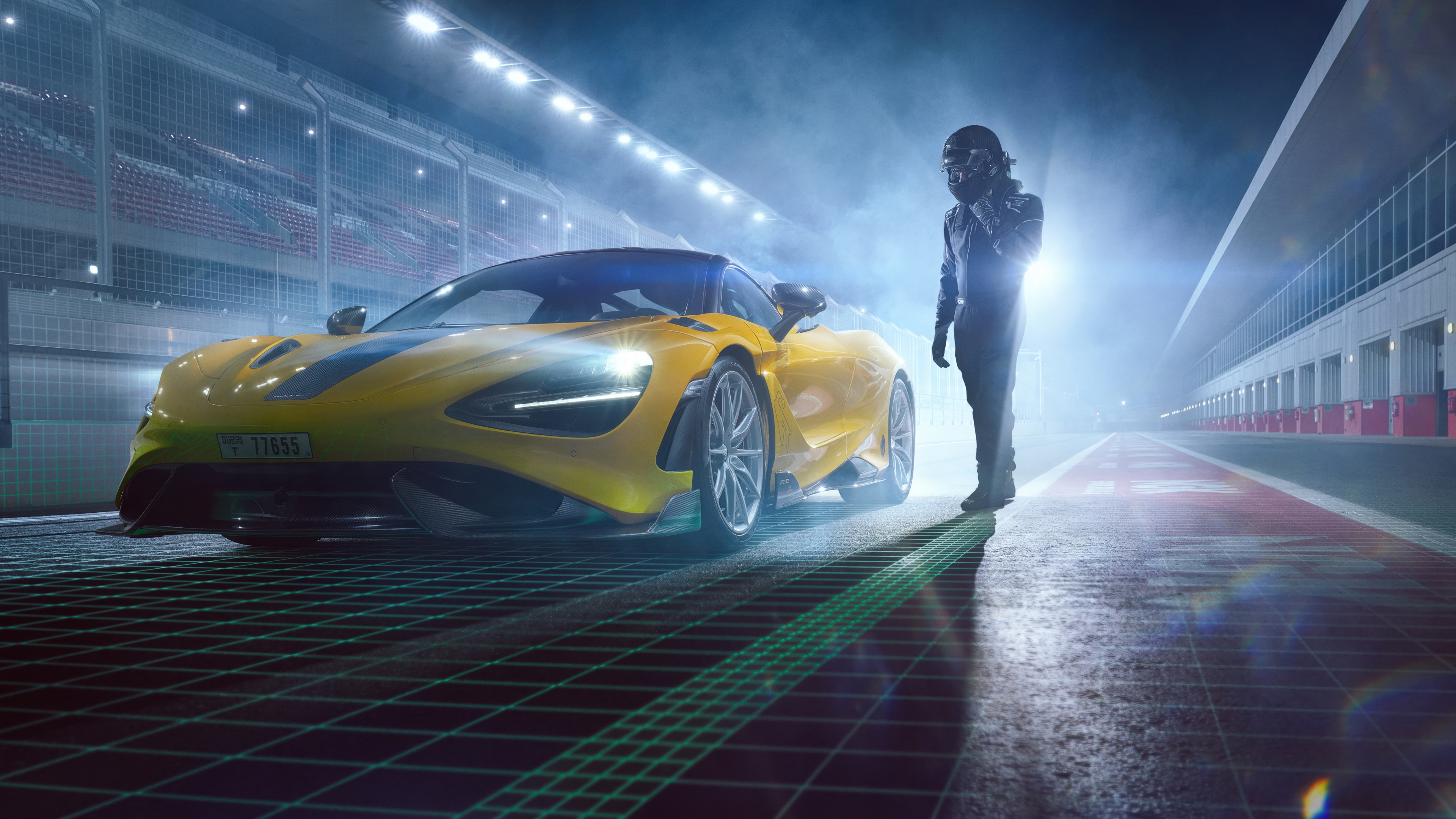 A custom McLaren 765LT MSO supercar speeding through a corner on a professional race track, driven by a professional racer.