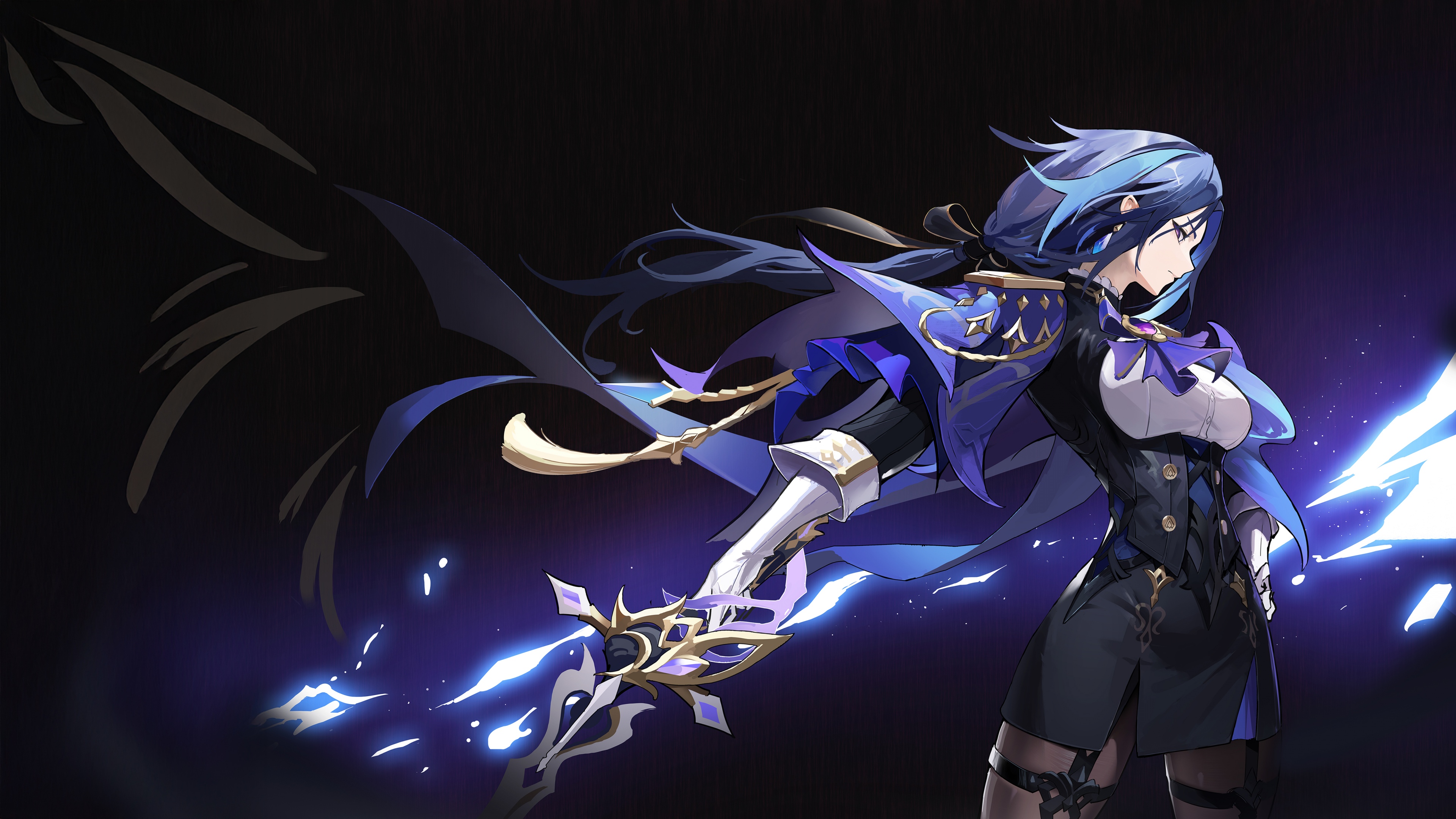 A character from Genshin Impact presented in a dark blue aesthetic with a deep blue background.