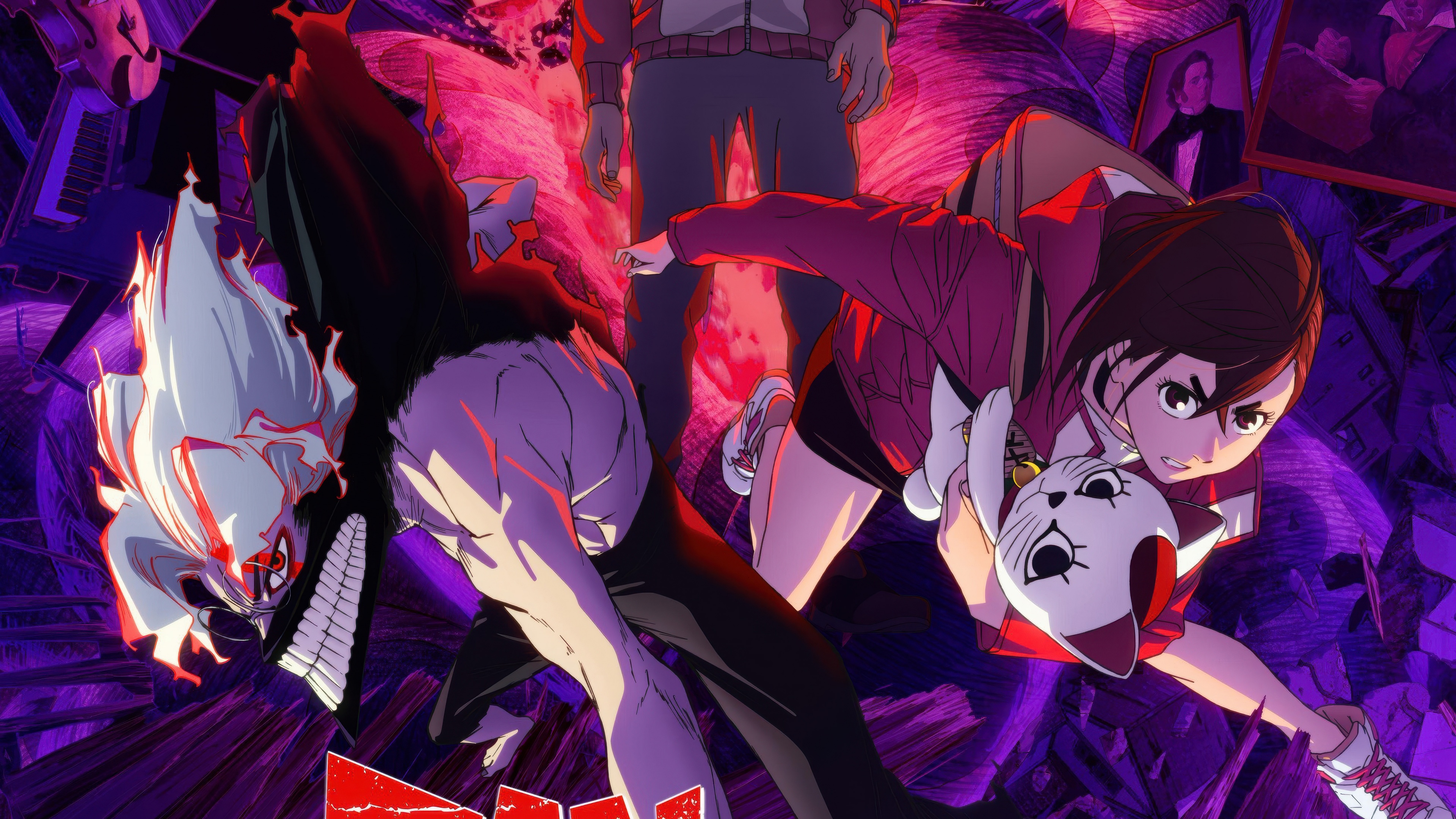 Vertical character art featuring Momo Ayase, Aira Shiratori, and Okarun from the anime and manga series Dandadan.
