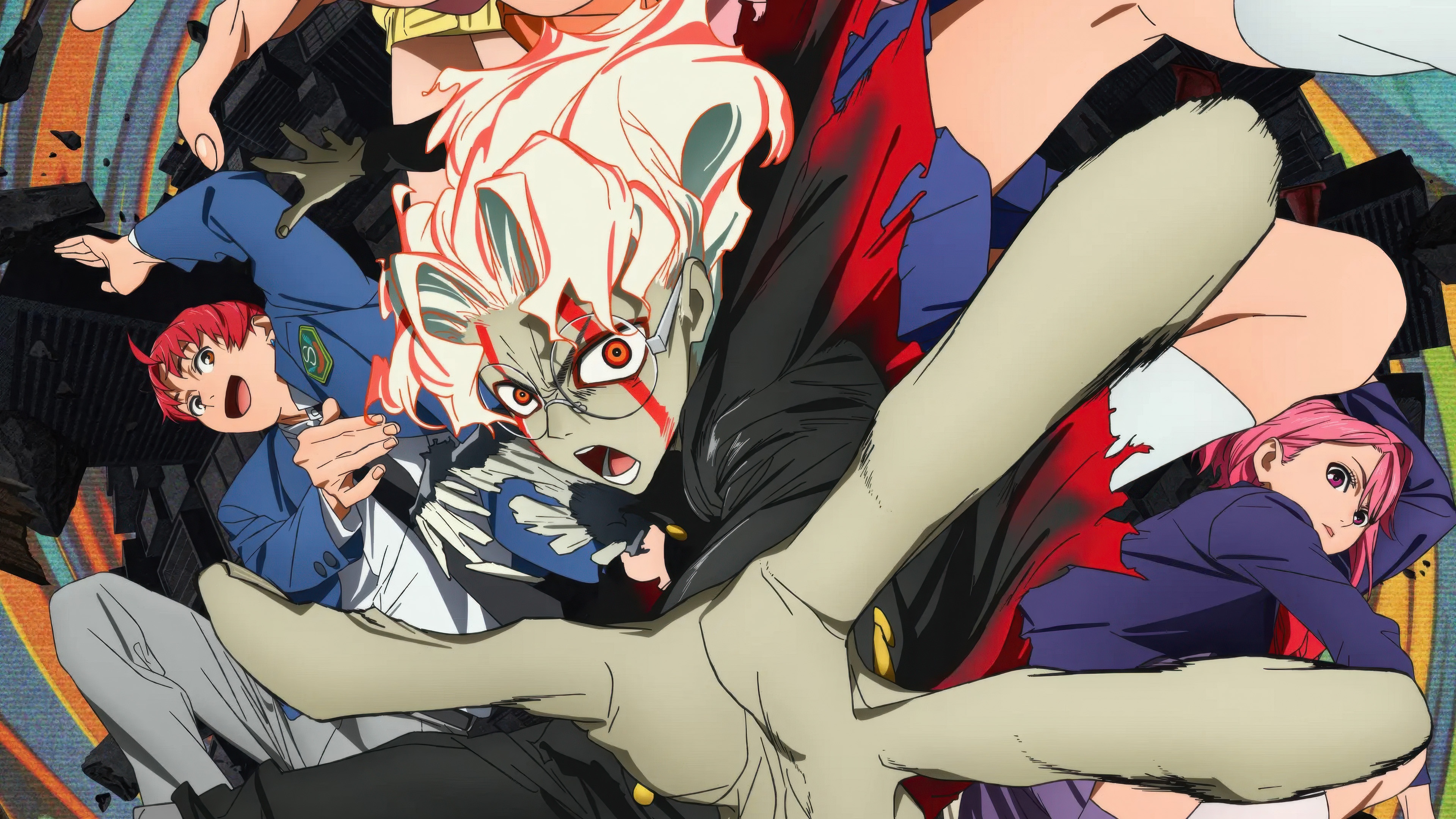 Anime character art featuring Momo Ayase, Aira Shiratori, and Okarun from Dandadan