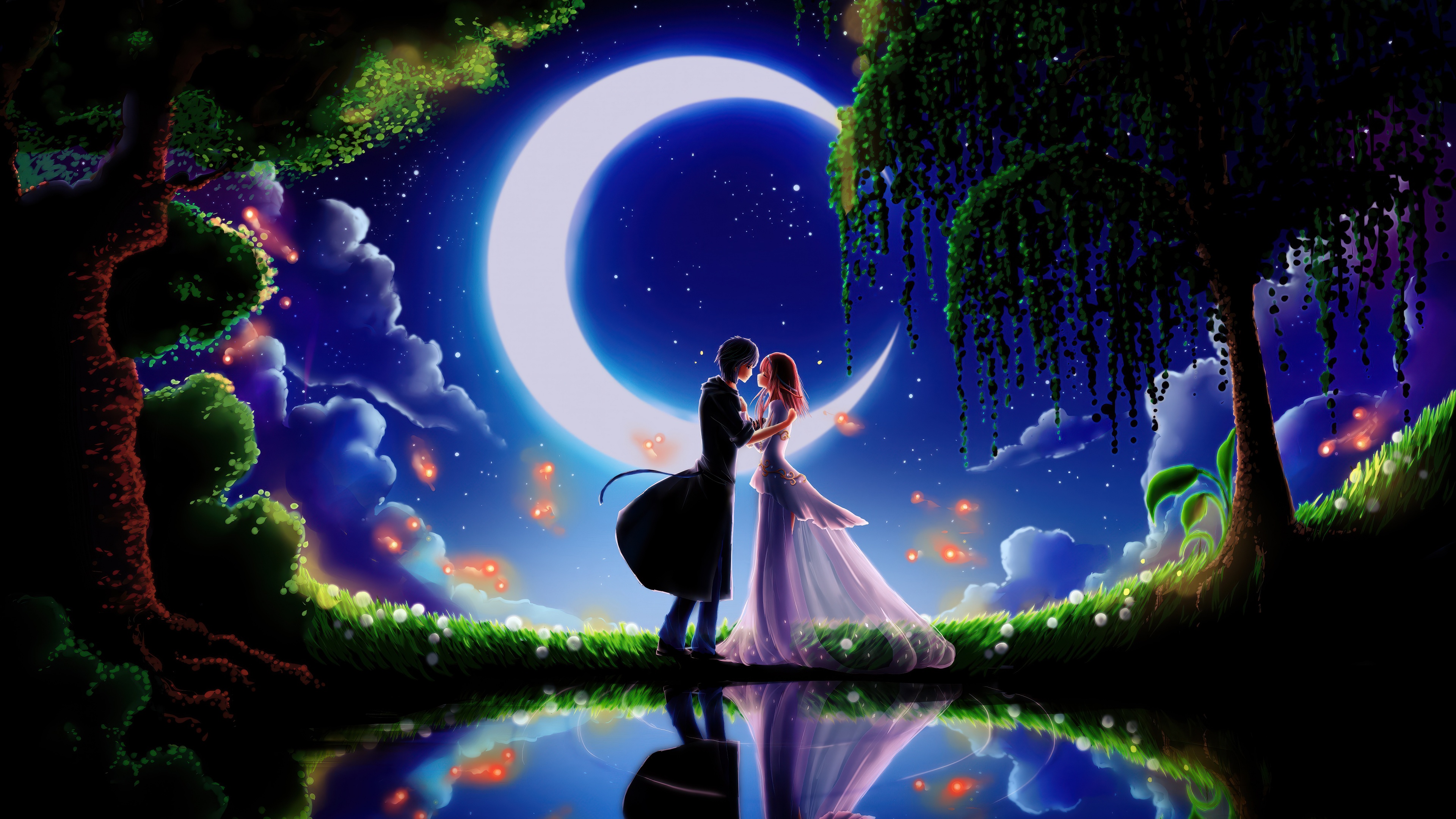 A romantic anime couple sharing a kiss beneath a glowing crescent moon with magical light reflections.