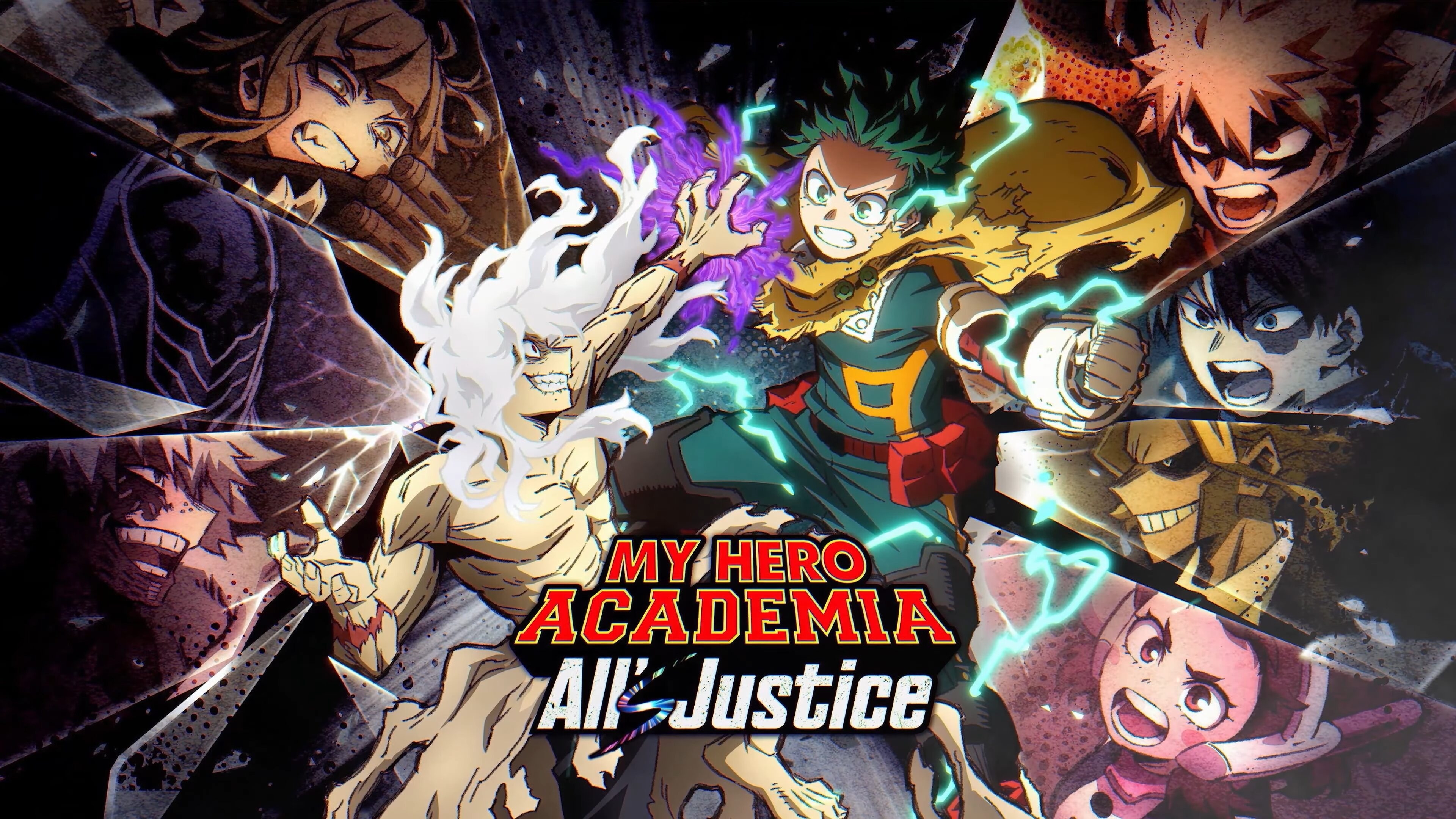 Official key art for the video game My Hero Academia: All's Justice featuring Izuku Midoriya (Deku) in a heroic stance.