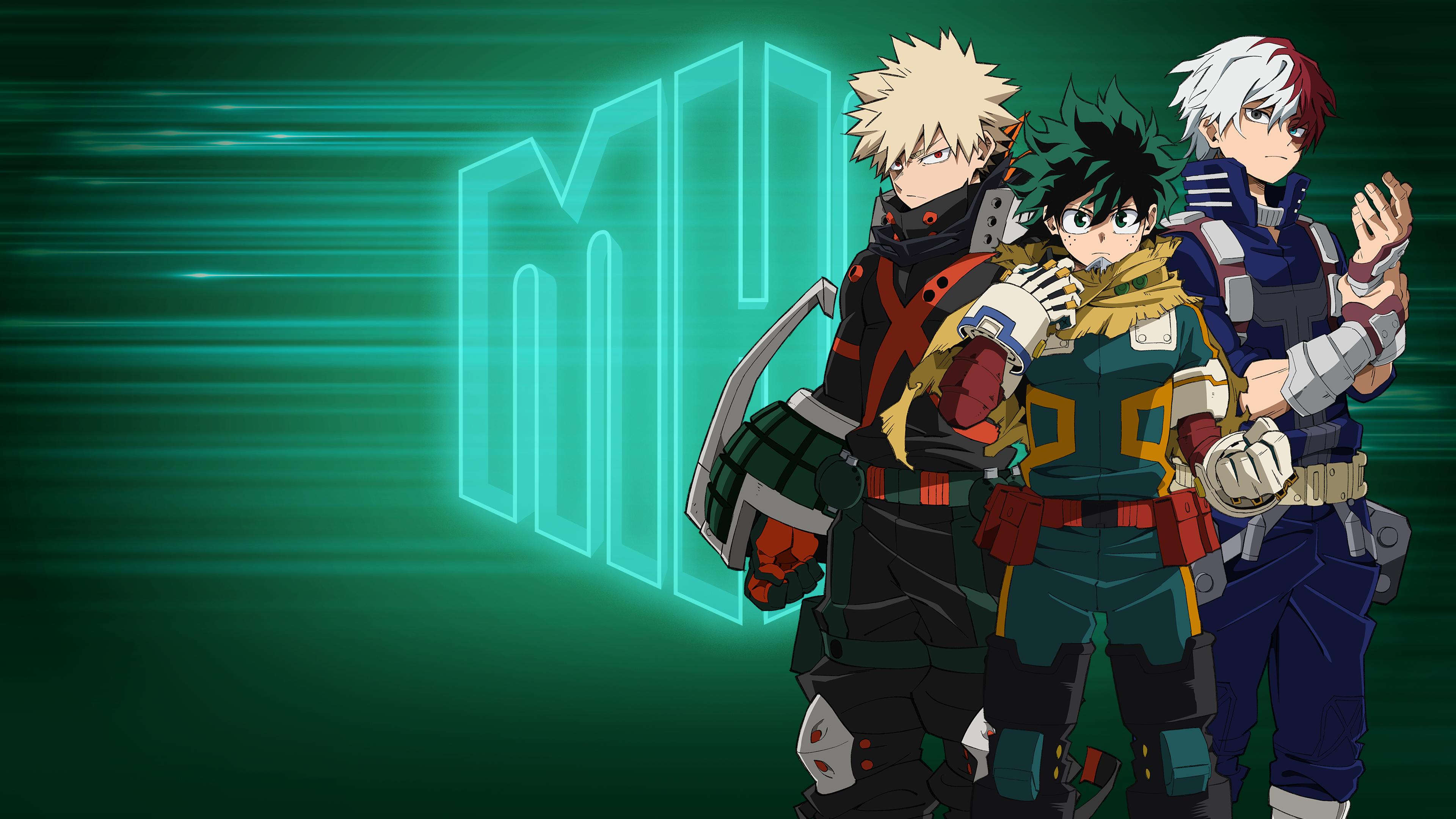 A cinematic poster showcasing Izuku Midoriya, Katsuki Bakugo, and Shoto Todoroki from the anime My Hero Academia.