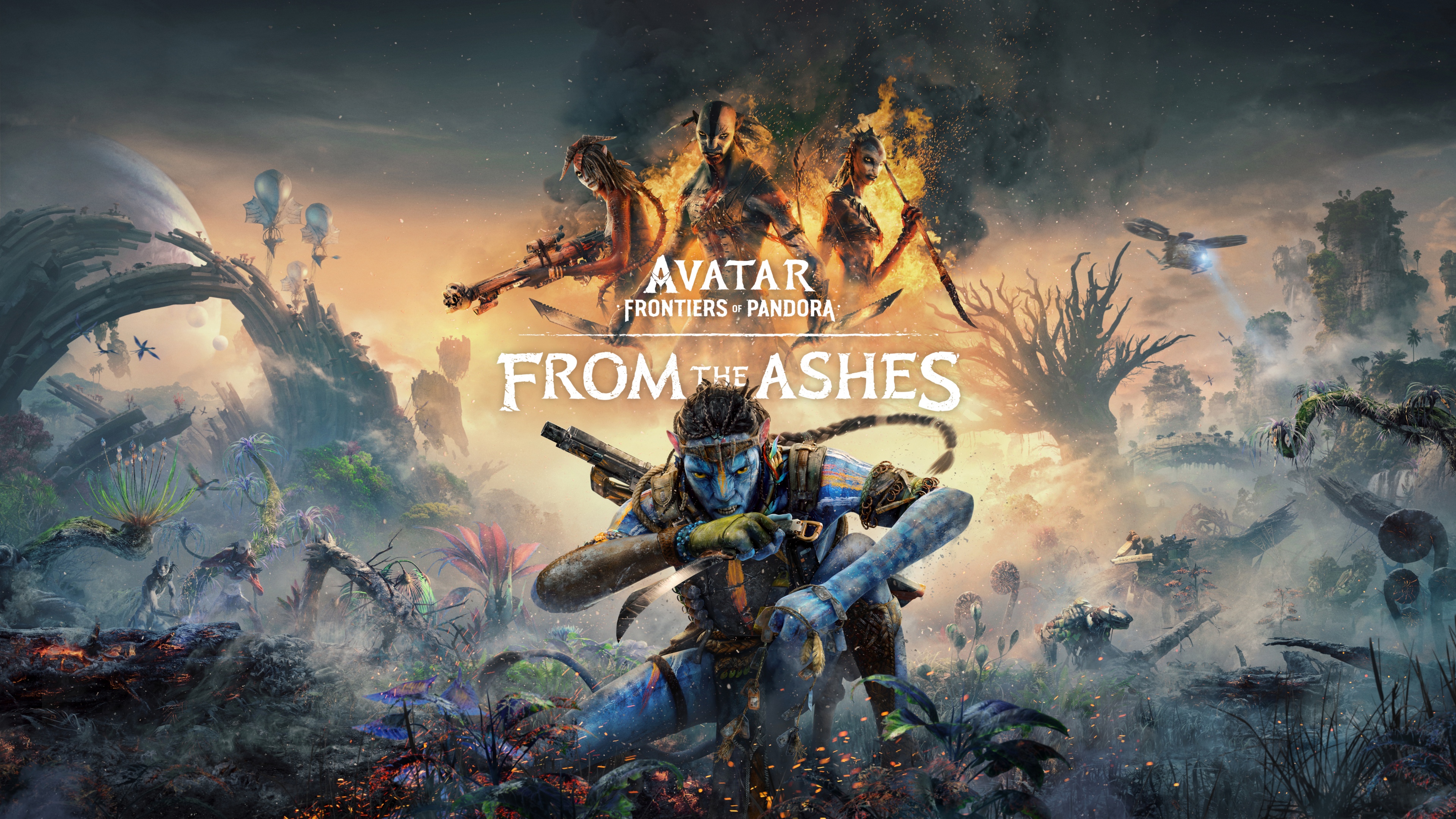 A highly detailed cinematic view of a Na'vi character featuring intricate skin patterns amidst the glowing flora of Pandora from Avatar: Frontiers of Pandora.