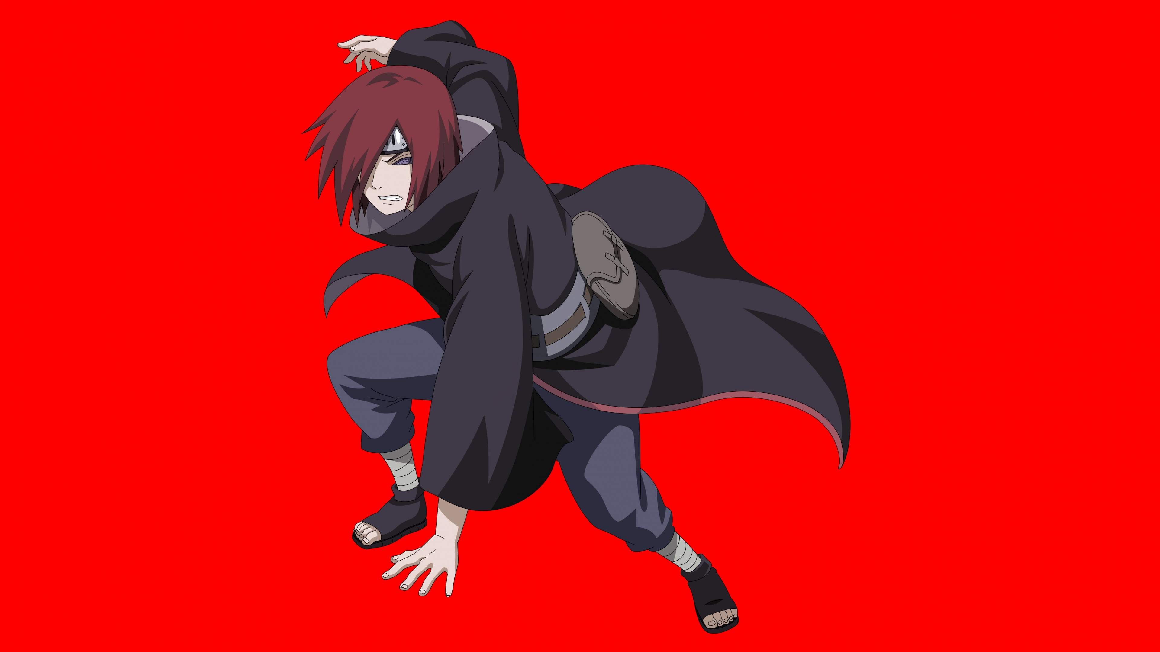 Detailed portrait of Nagato from Naruto Shippuden with a vibrant red background.