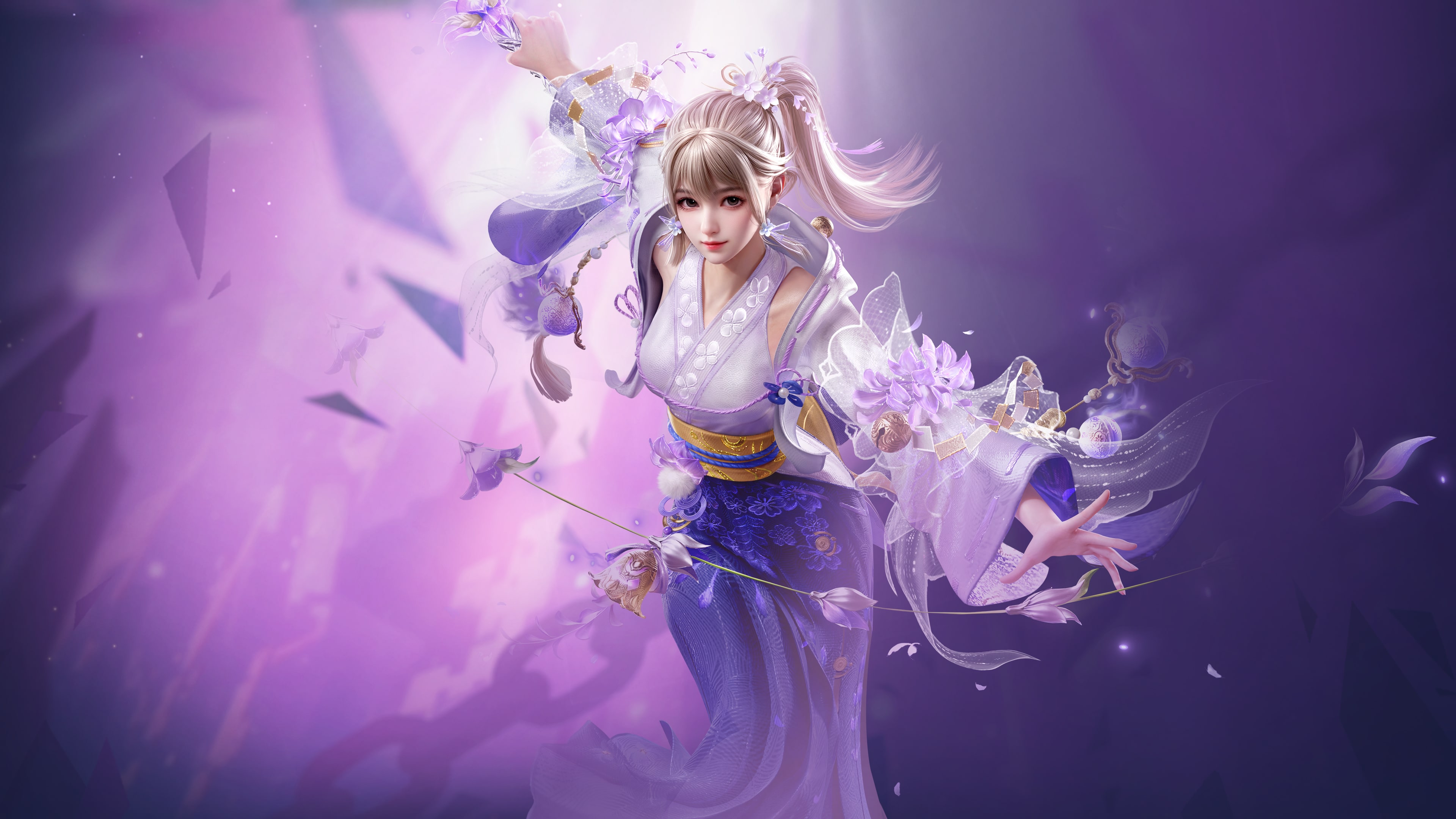 A character from Naraka: Bladepoint bathed in glowing purple light and surrounded by mystical energy.