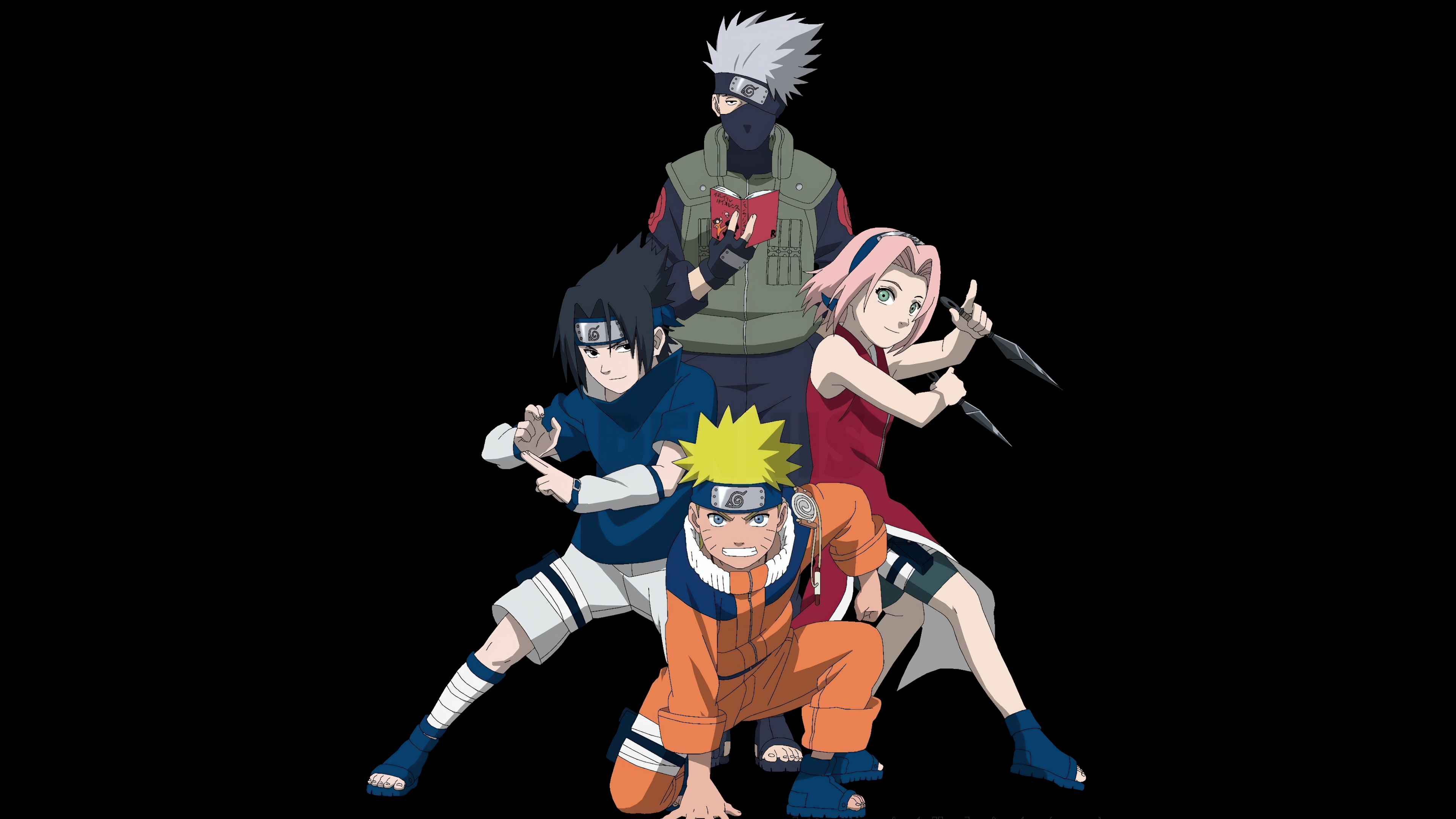 Naruto Uzumaki, Sasuke Uchiha, Sakura Haruno, and Kakashi Hatake from the Naruto anime series standing against a solid black background.
