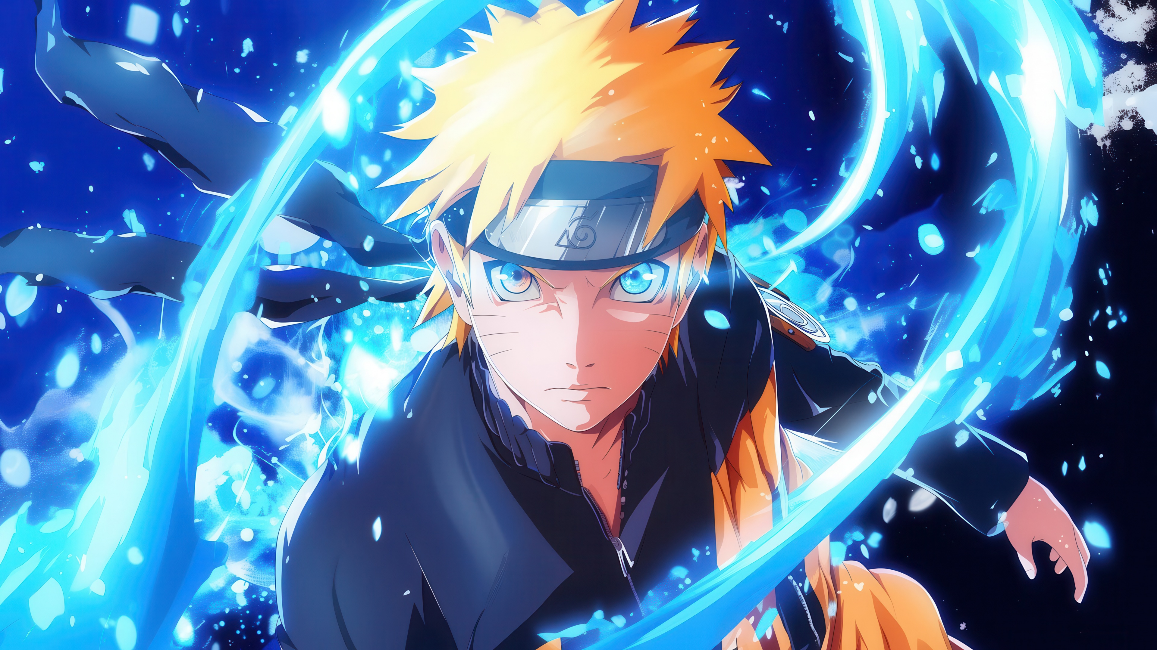 An aesthetic 5K high-resolution image of Naruto Uzumaki from the Naruto anime series featuring a blue background.
