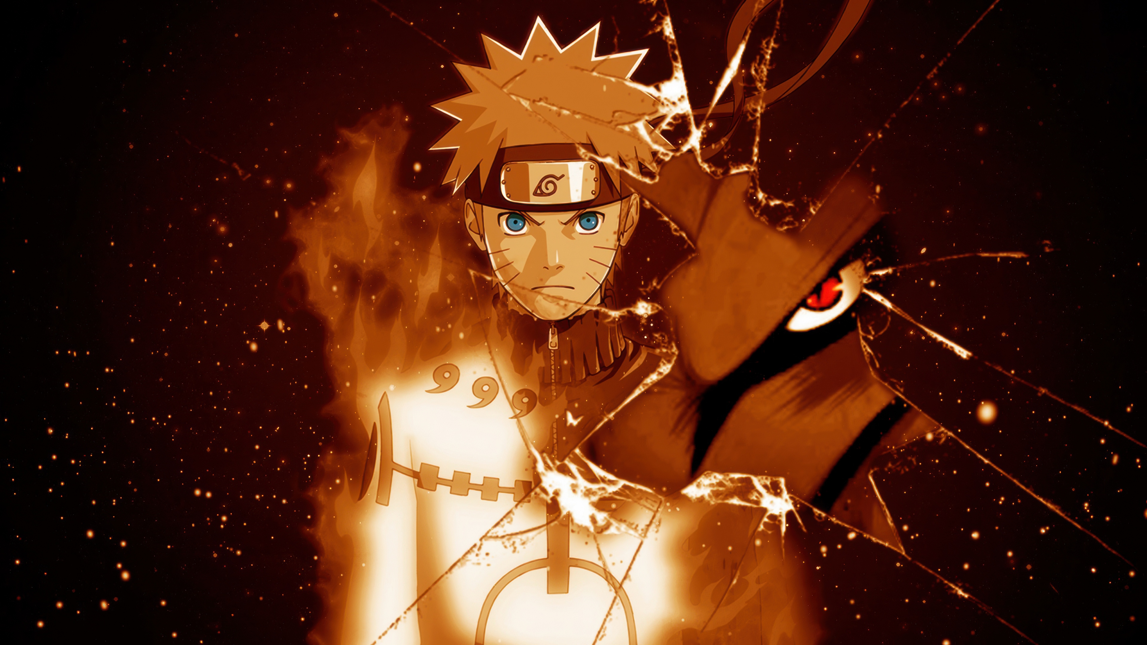 Naruto Uzumaki and Kurama the Nine-Tailed Fox with a broken screen glass effect