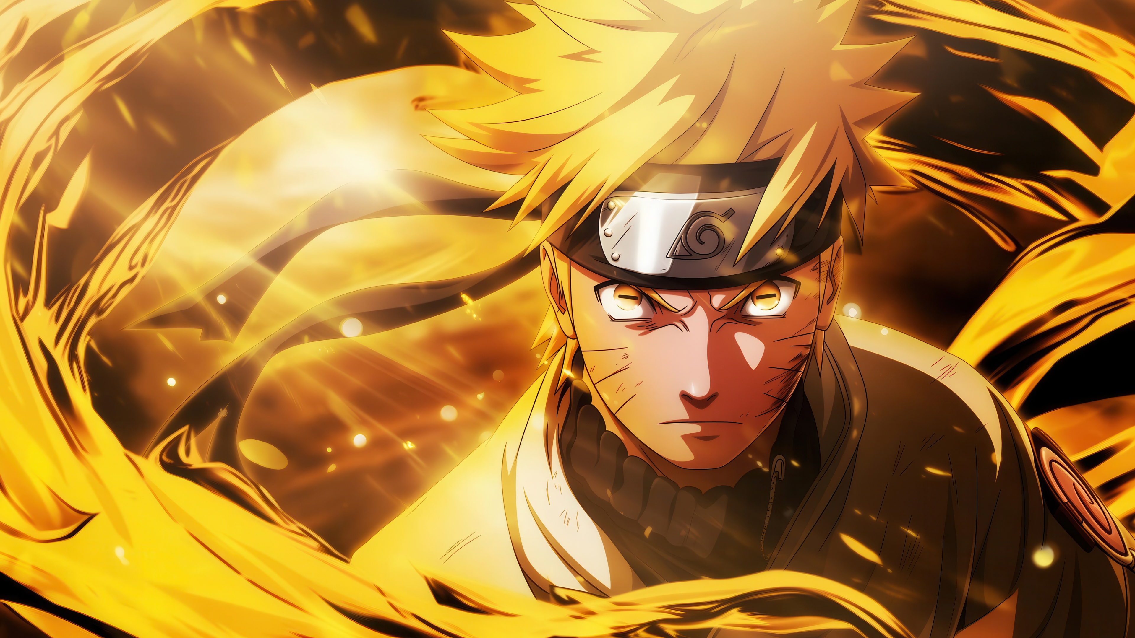 A fierce and powerful depiction of Naruto Uzumaki featuring a vibrant yellow aesthetic.