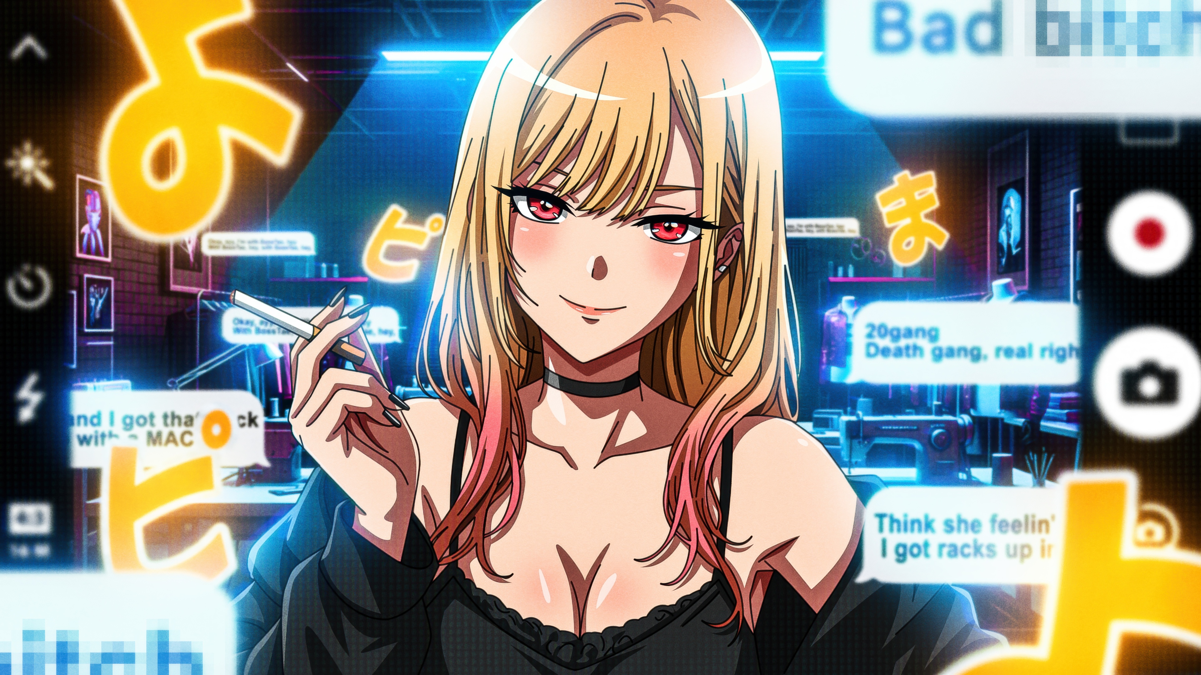 Digital art of an anime girl surrounded by glowing neon lights.
