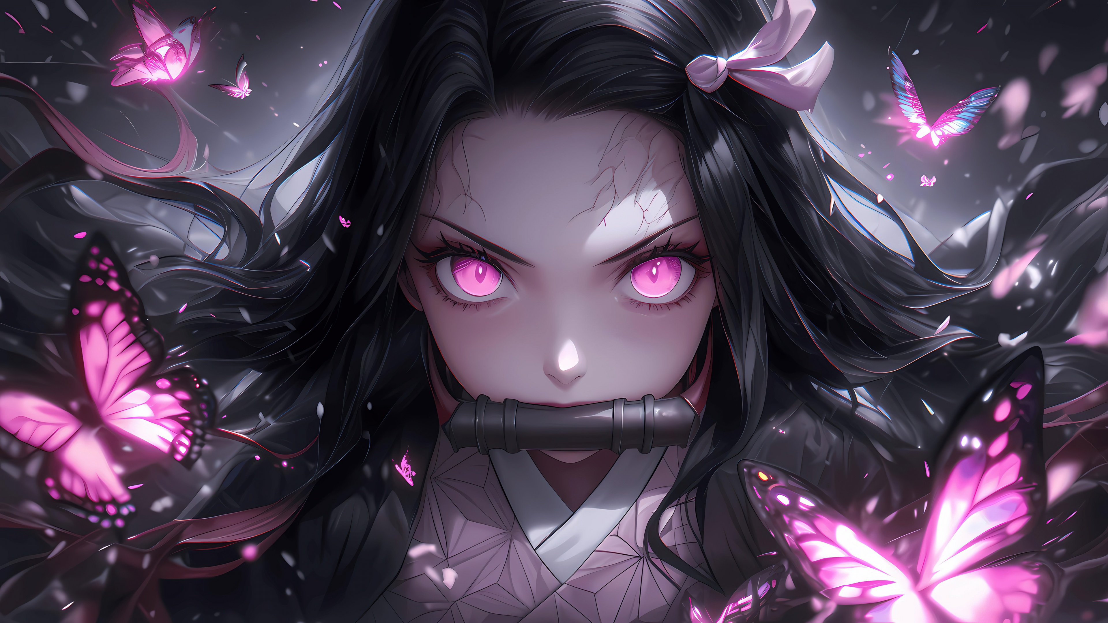 A high-resolution pink aesthetic illustration of Nezuko Kamado from Demon Slayer: Kimetsu no Yaiba.